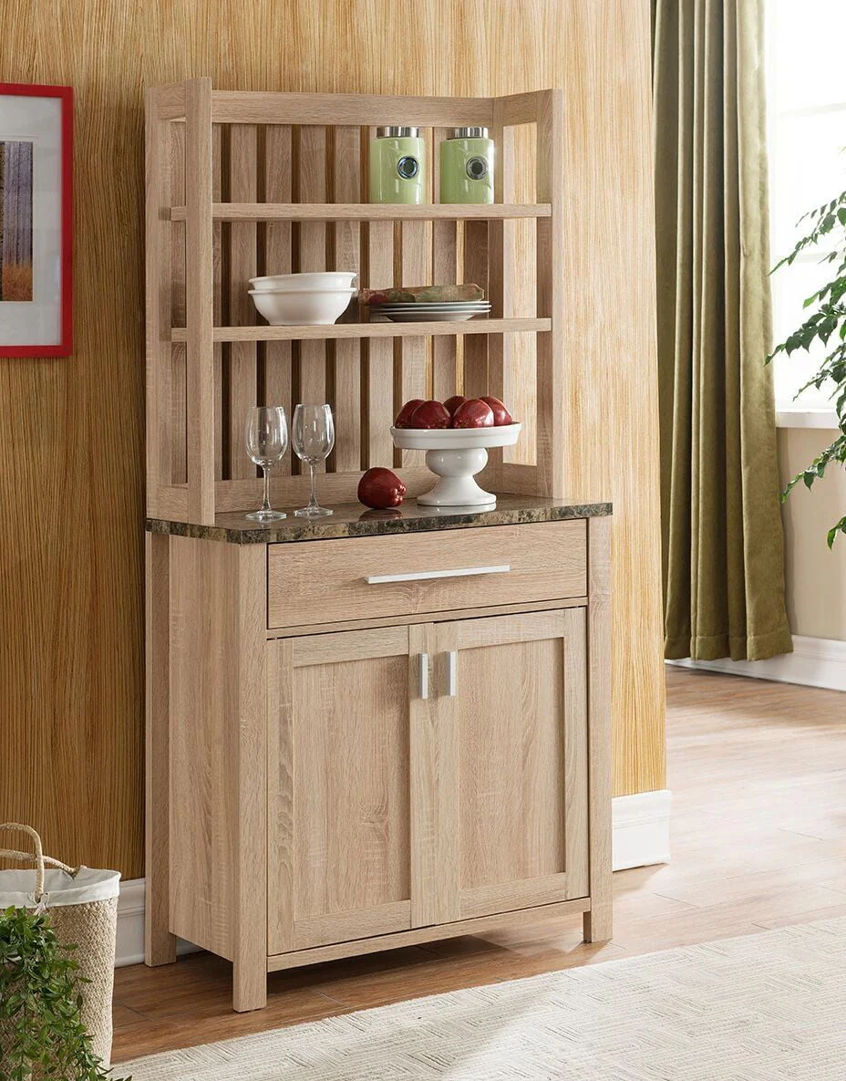 FC Design Brown Faux Marble Top Baker's Rack with Two Open Shelves, One Drawer, and One Cabinet with Two Adjustable Shelves in Weathered White Finish