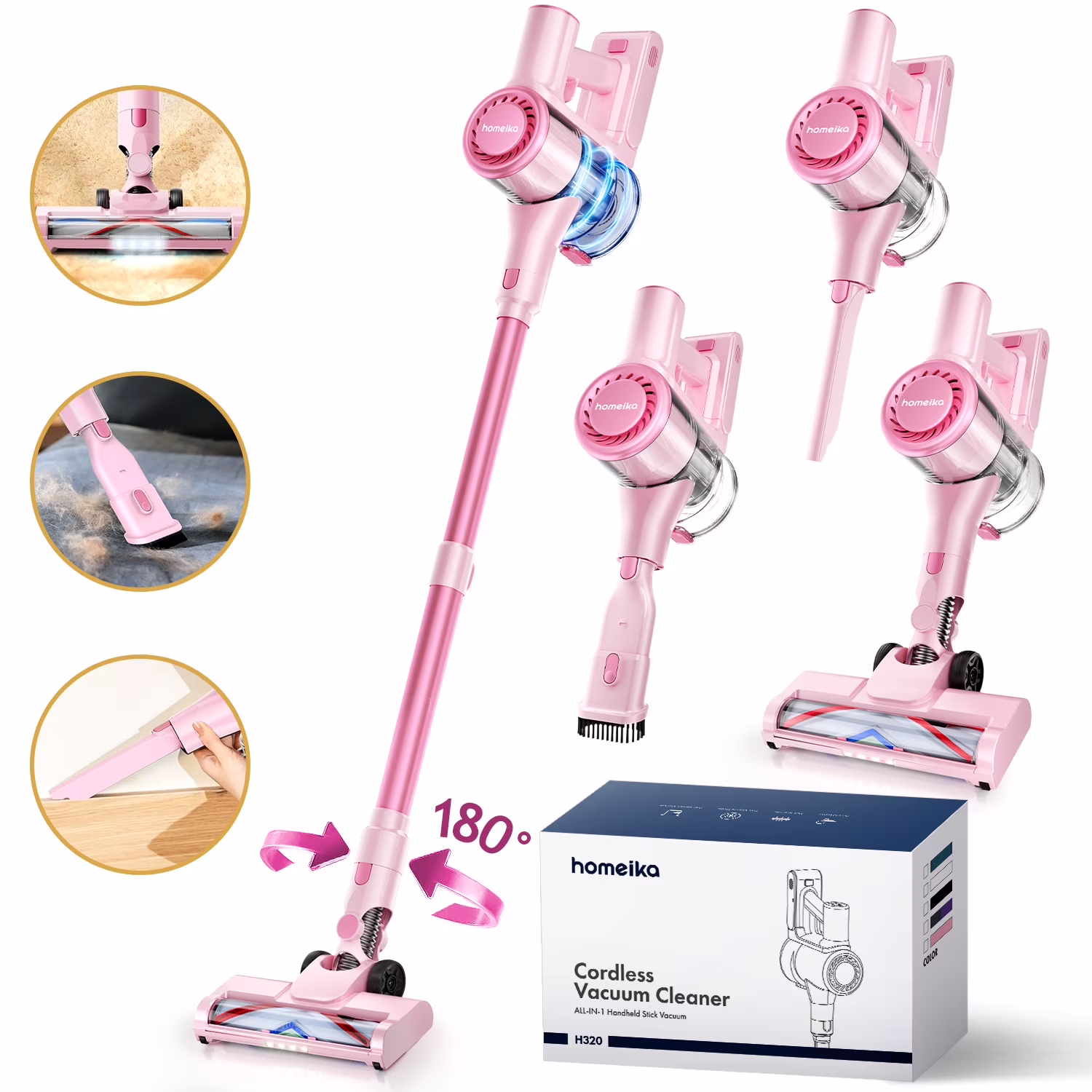 Homeika H320 Cordless Vacuum Cleaner, 28KPA Powerful Suction 8-in-1 Multi-Tool 55min Runtime LED Motorized Brush One-Click Dust Emptying for Pet Hair and Allergies,Pink
