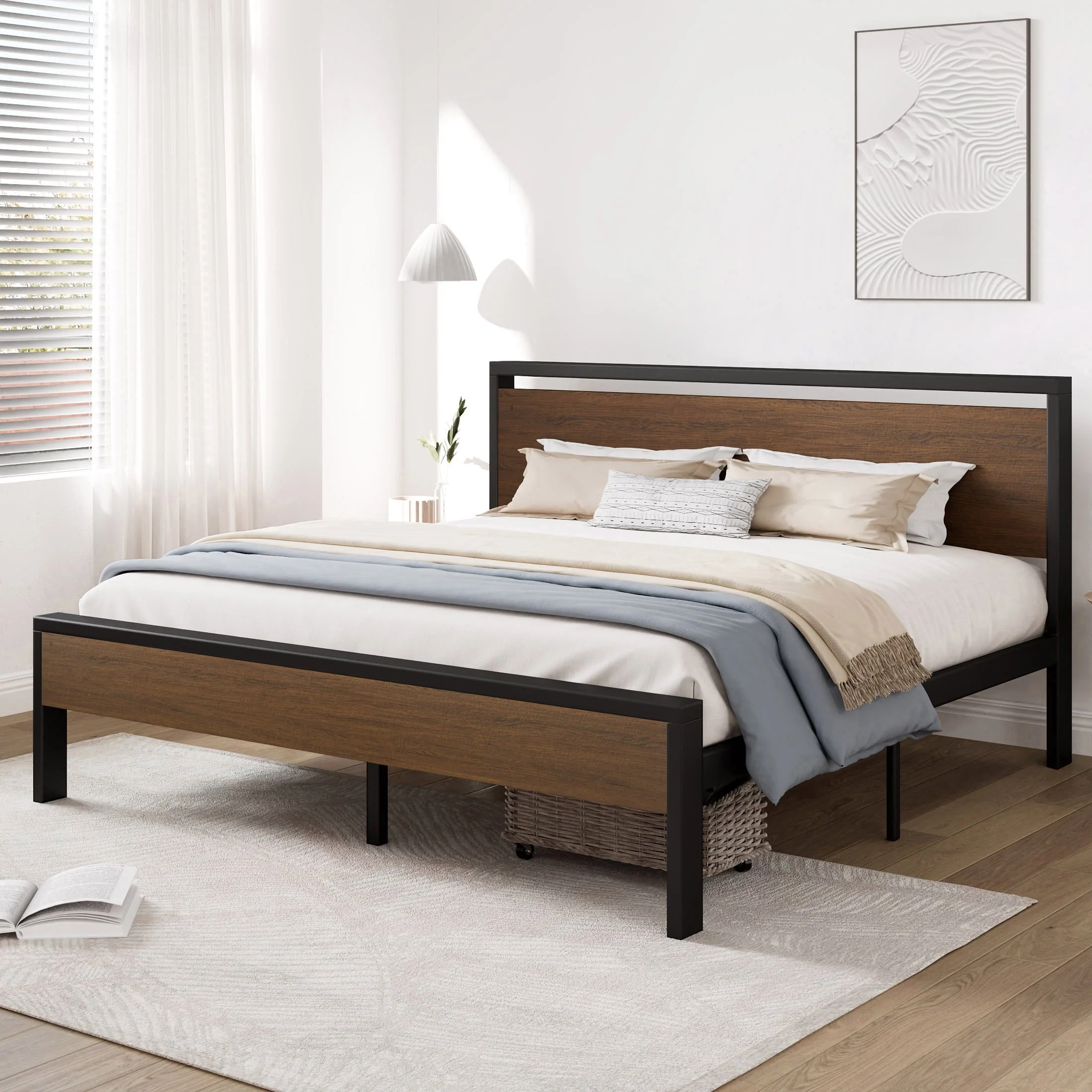 Allewie Walnut King Size Platform Bed Frame with Wood Headboard and Footboard, Heavy Duty Metal Slat