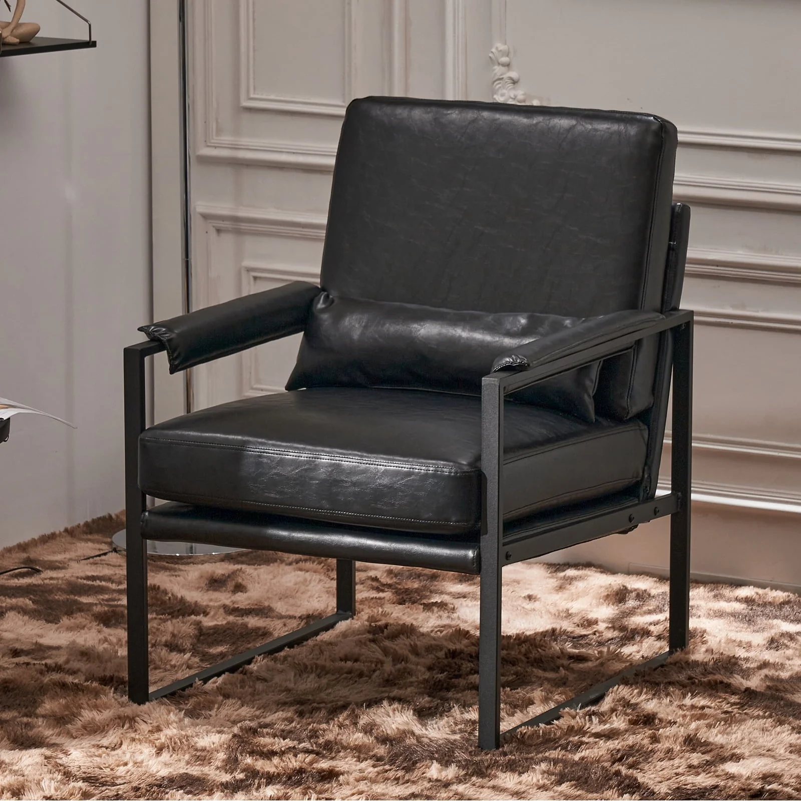 Ktaxon Accent Chair Lounge Armchair Modern PU Leather Upholstered Single Sofa with Black Coated Metal Frame Black