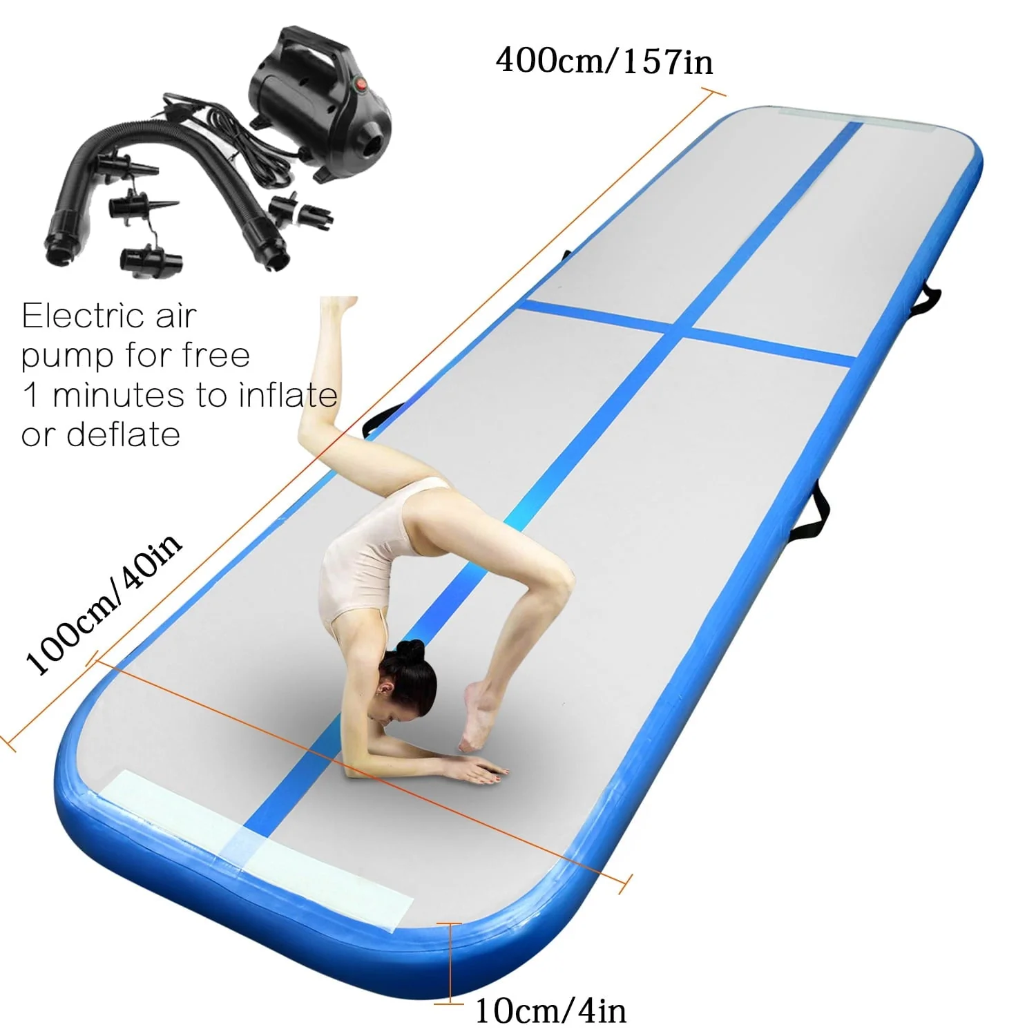 Fbsport Blue 13ft/4m*1m*0.1m Air Track Mat Inflatable Gymnastics Air Track with Electric Air Pump for Practice Gymnastics, Yoga,Kid Safty mat,Tumbling,Parkour, Home Floor