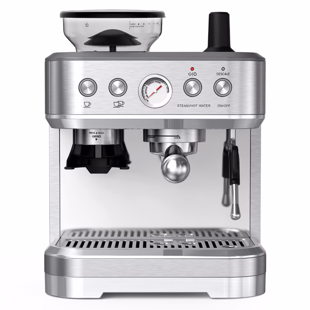 Espresso Machine with Milk Frother and Grinder, 2.5L Water Tank, Brushed Stainless Steel