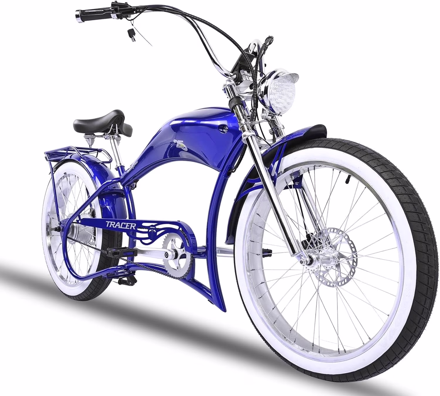 Twenty5 GT 800W Chopper Stretch Cruiser Ebike, 26" Wheels, Supsension Triple Tree Fork, White Wall Tire, Disc Brake, for Men, Blue