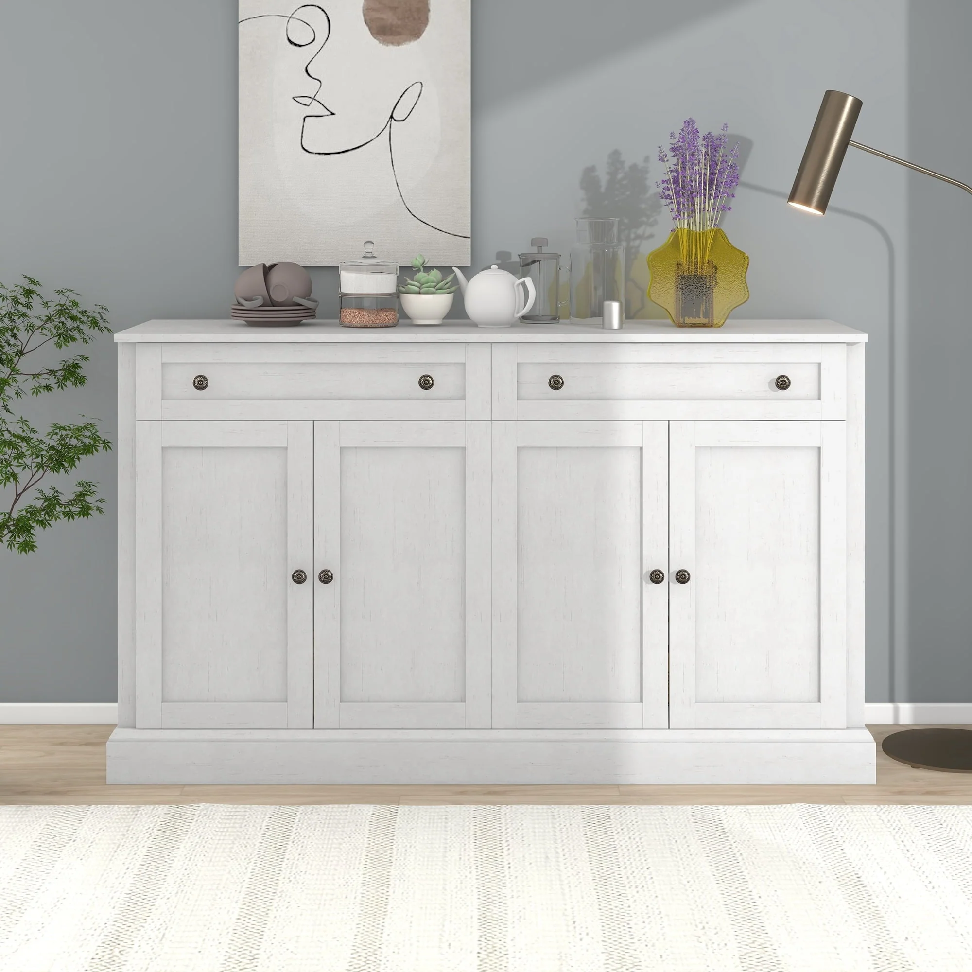 KEHOMY Kitchen Sideboard Storage Buffet Cabinet, with 2 Drawers and 4 Doors Adjustable Shelves for Dining Room, Living Room, Antique White