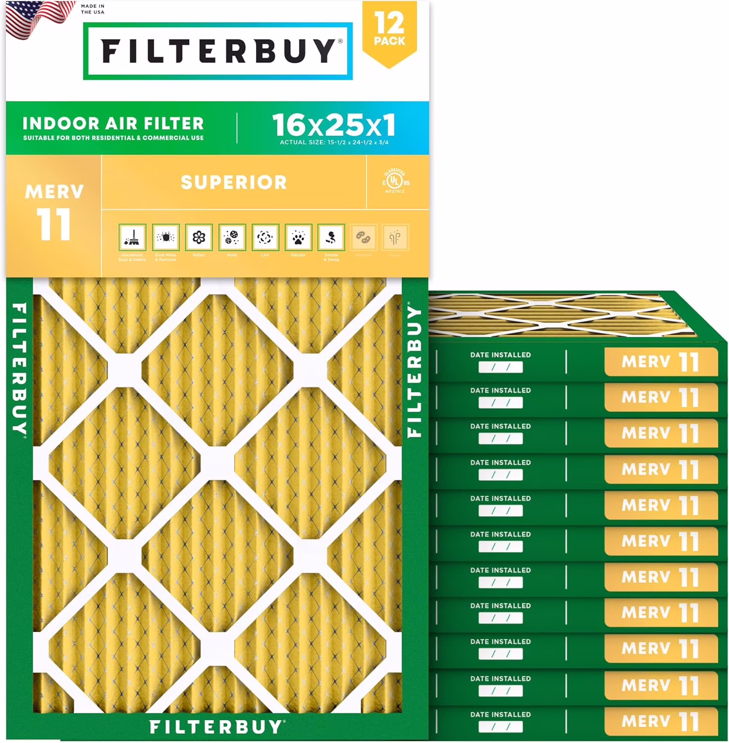 Filterbuy 16x25x1 MERV 11 (MPR 1200) Allergen Defense, Pleated HVAC AC Furnace Air Filters (12-Pack)