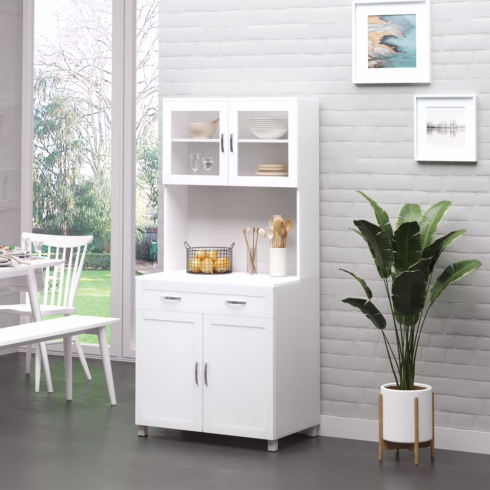 HOMCOM 67" Pantry Cabinet, Modern Kitchen Hutch, Freestanding Storage Cabinet with Glass Doors, Adjustable Shelves and Drawers, White