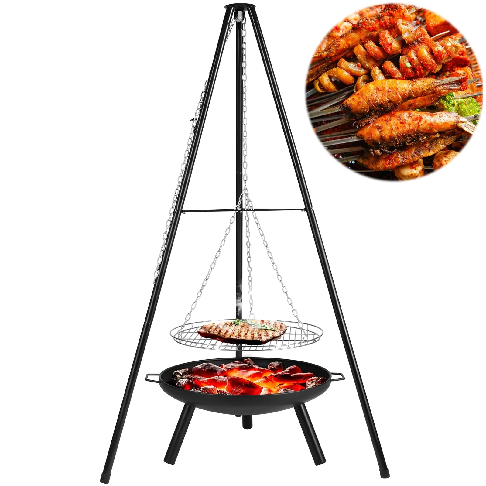 Charcoal Grill Set, Upgraded Adjustable Tripod Grill Set with Grill Net and Fire Pit, Multipurpose Portable Grill for Outdoor Campfire Barbecue Cooking BBQ, Detachable and Easy to Carry