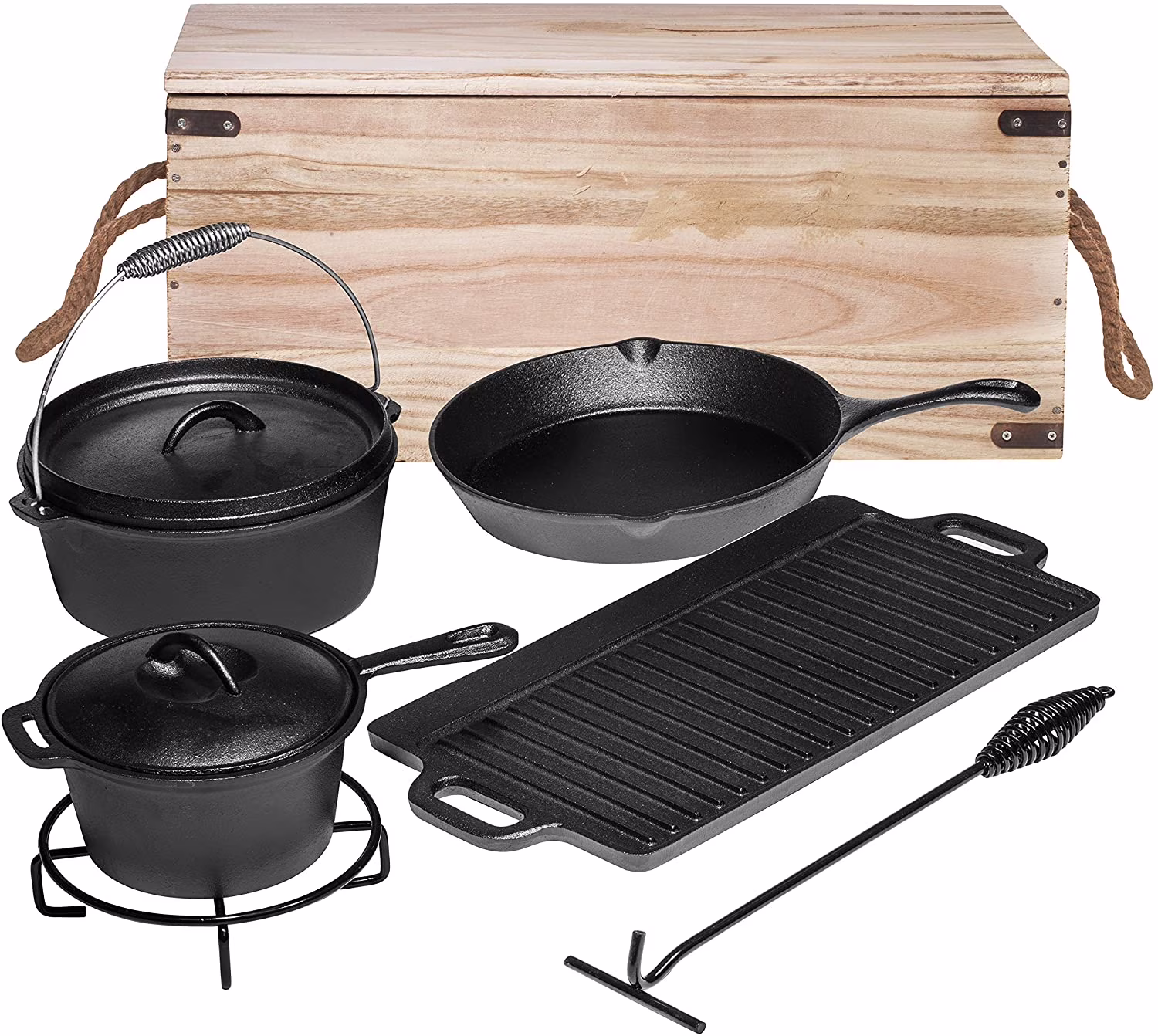 Bruntmor Camping Cooking Set Of 7 - Pre Seasoned Cast Iron Pots, Pans, and Dutch Ovens with Lids for Outdoor Campfire Cooking - Skillet Grill Cookware Set with Storage Box