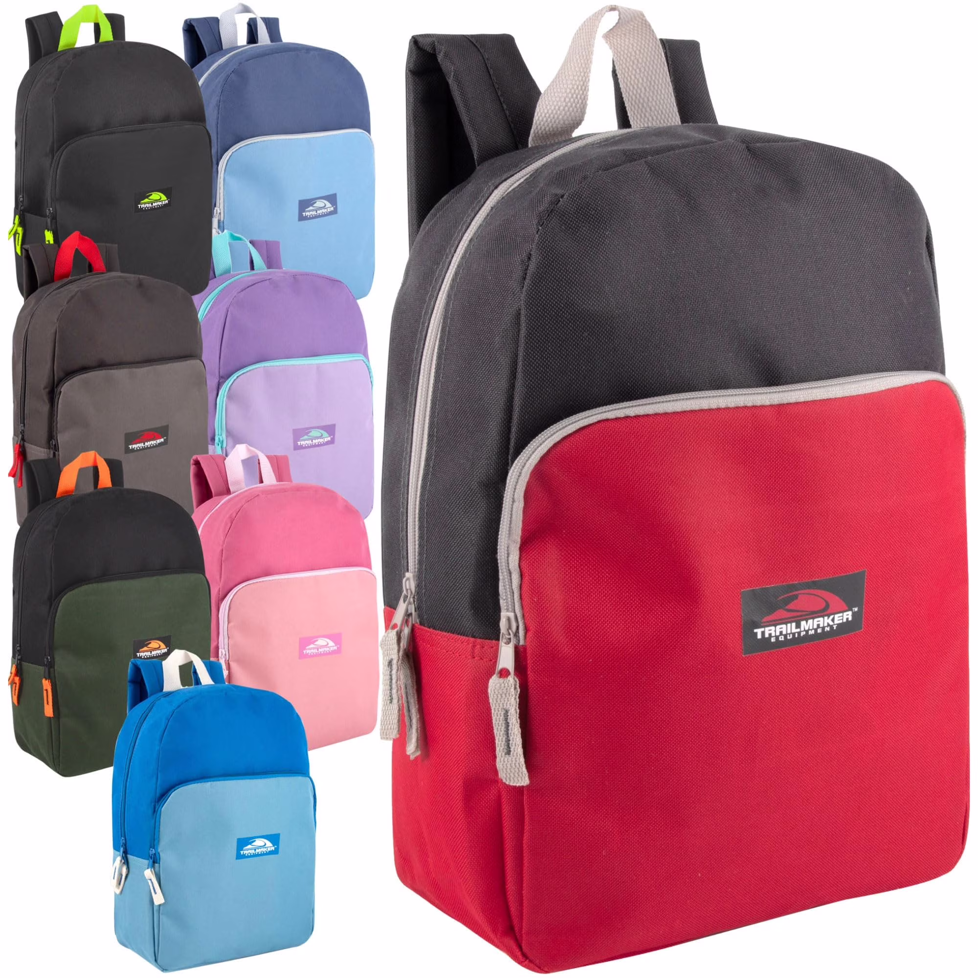 24 Pack of Bulk Wholesale Two Tone Color Backpacks for Travel and Commuting in Mixed Assortment Pack