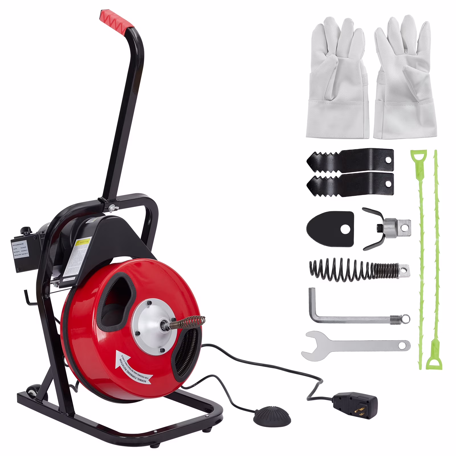 Electric Drain Cleaner Machine, Drain Auger 50Ft X 1/2 Inch for Sewer Clean, Electric Drain Snake for 1 to 4 Inch Pipes, Drain Sewer Auger with Foot Switch, Protective Gloves, 4 Cutter Blades