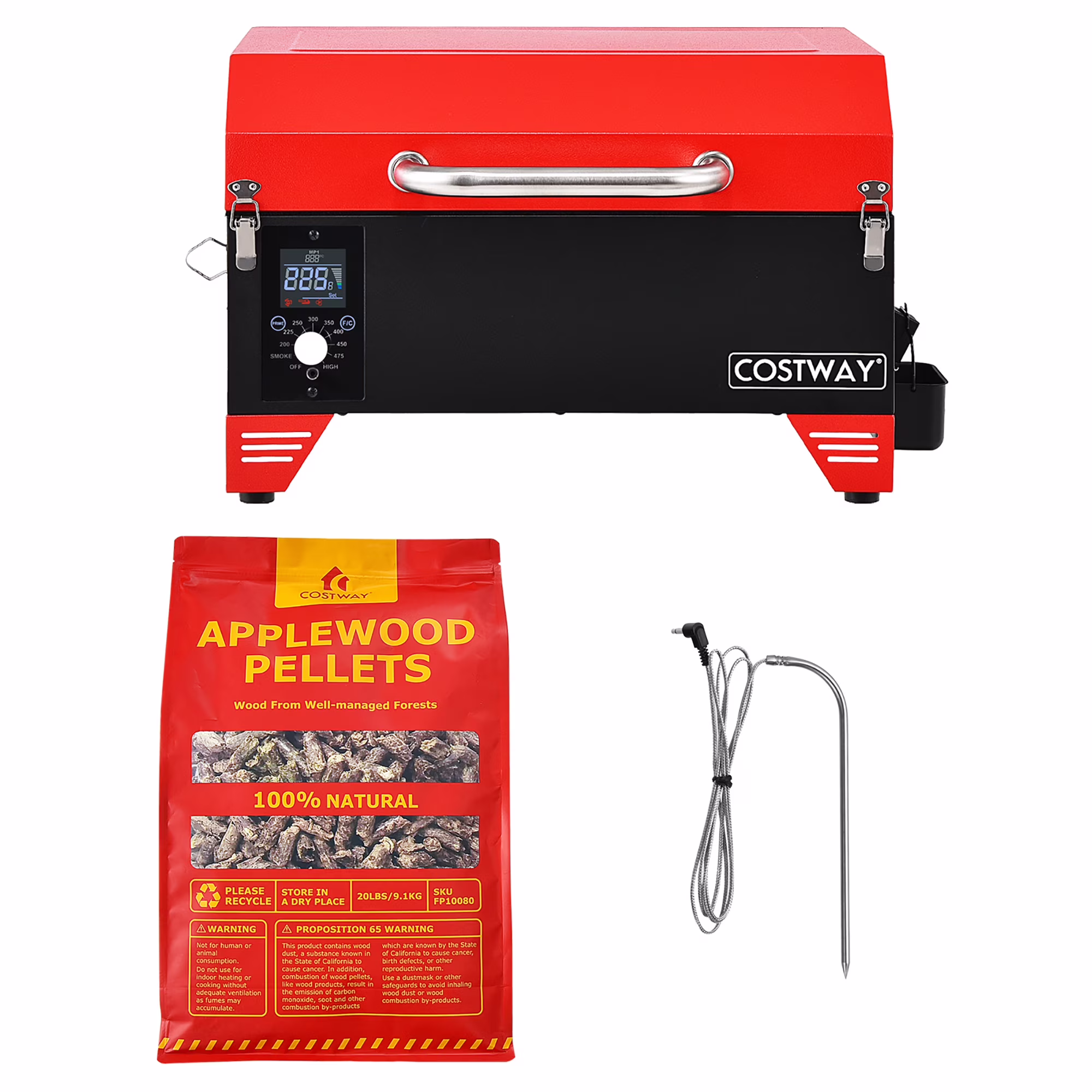 Costway Portable Tabletop Pellet Grill & 20lbs Apple Wood Pellets Outdoor Smoker BBQ Set Red