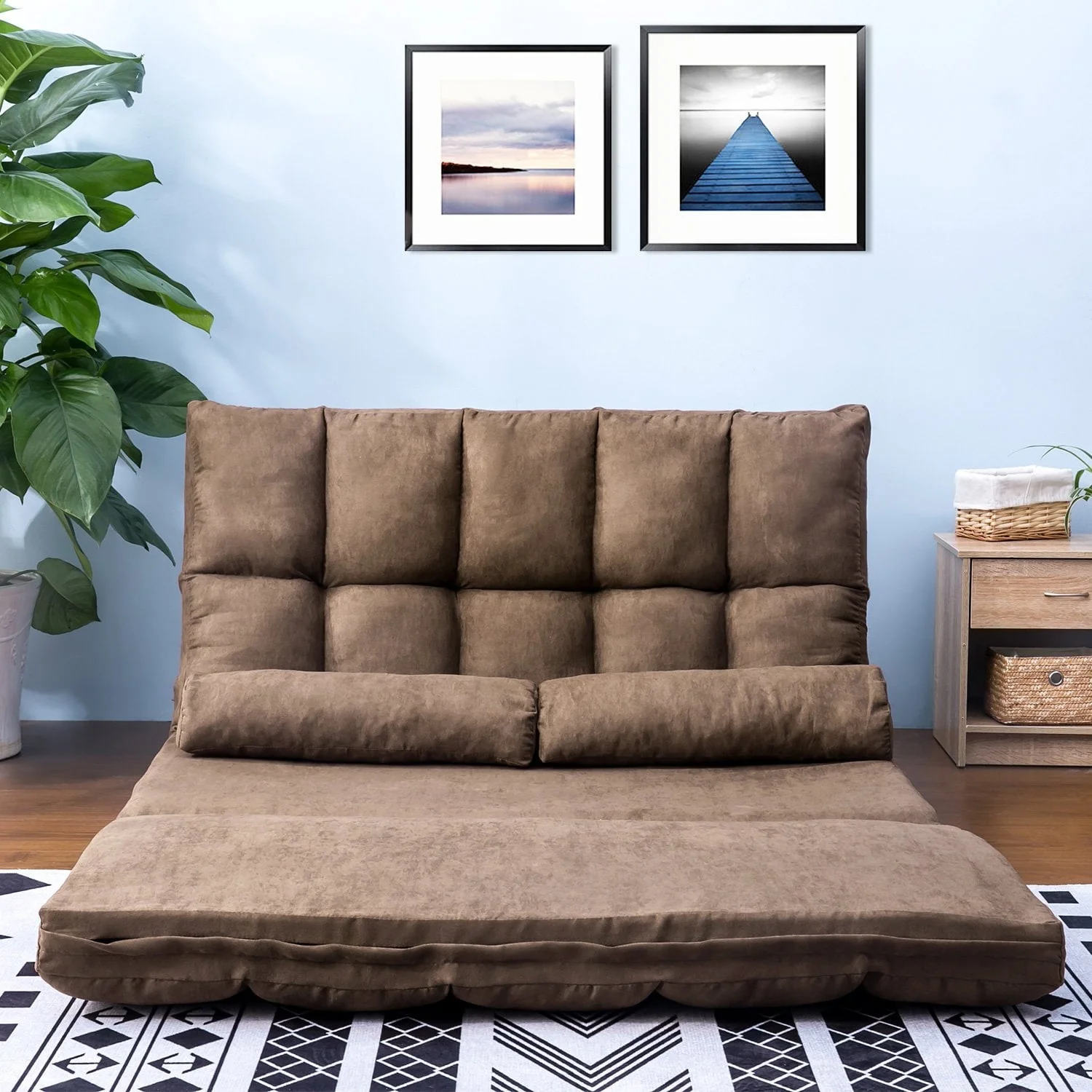 Lazy Sofa Floor Chair, Foldable Double Chaise Lounge Sofa Chair with Two Pillows, Adjustable Floor Couch and Sofa for Living Room and Bedroom, Floor Sofa Bed for Gaming, Sleeper and Reading, Brown