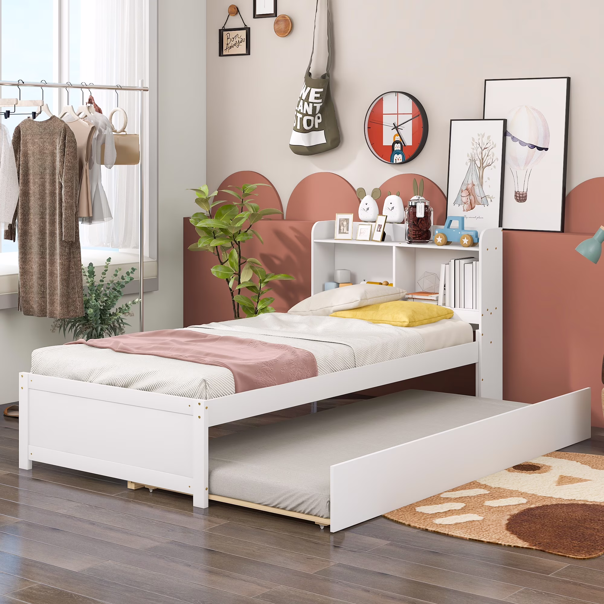 Miniyam Twin Size Bed with Trundle & Bookcase Headboard for Kids,White