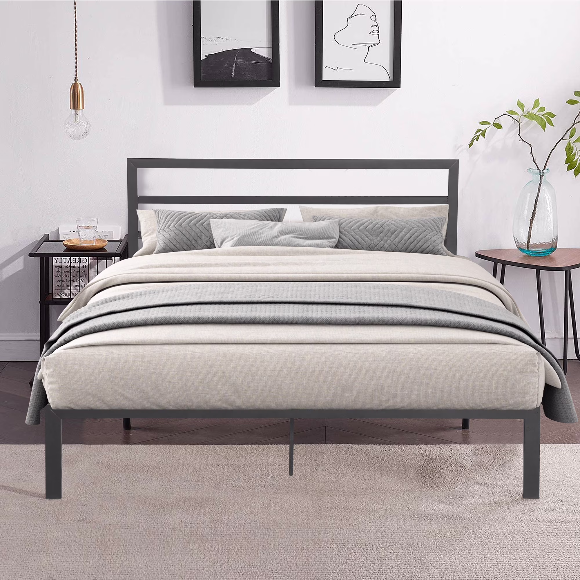 Gewnee Queen Size Metal Platform Bed Frame with Headboard and Footboard with Storage, No Box Spring Needed, Gray