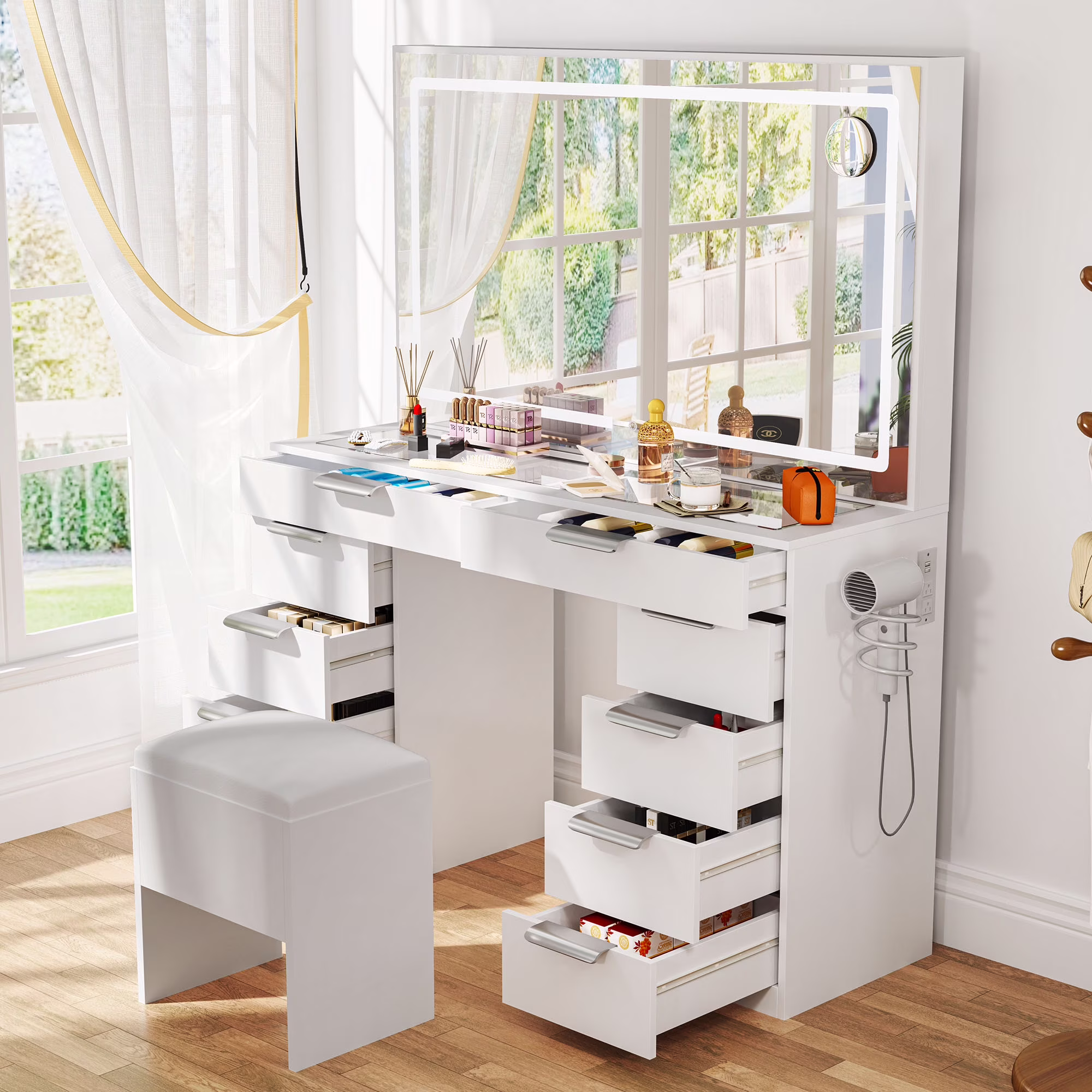 Uforic 10-Drawer Makeup Vanity Dressers with Light Strip, Extra-Large Mirror, Power Hub and Hair Dryer Rack, Storage Bench, White