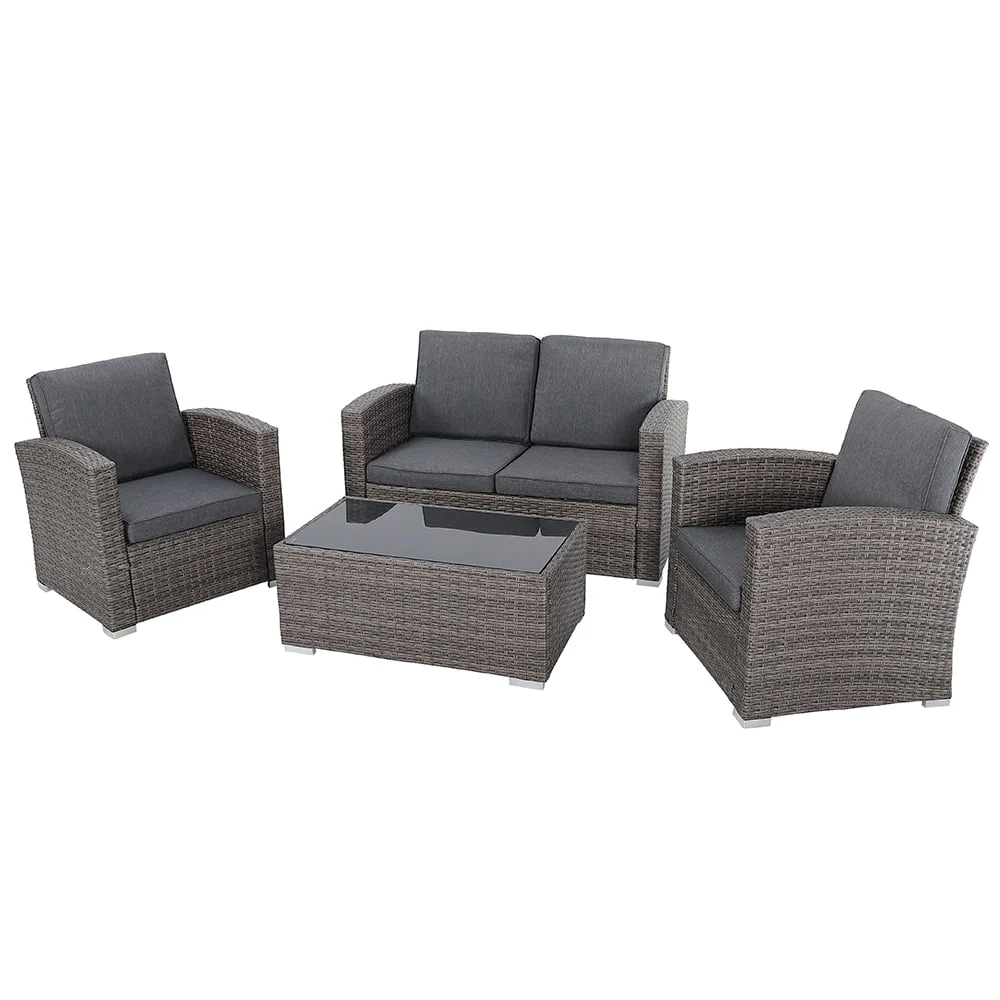 JOIVI 4 Pieces Outdoor Sectional PE Rattan Conversation Sofa Set with Gray Wicker, Dark Gray Cushion