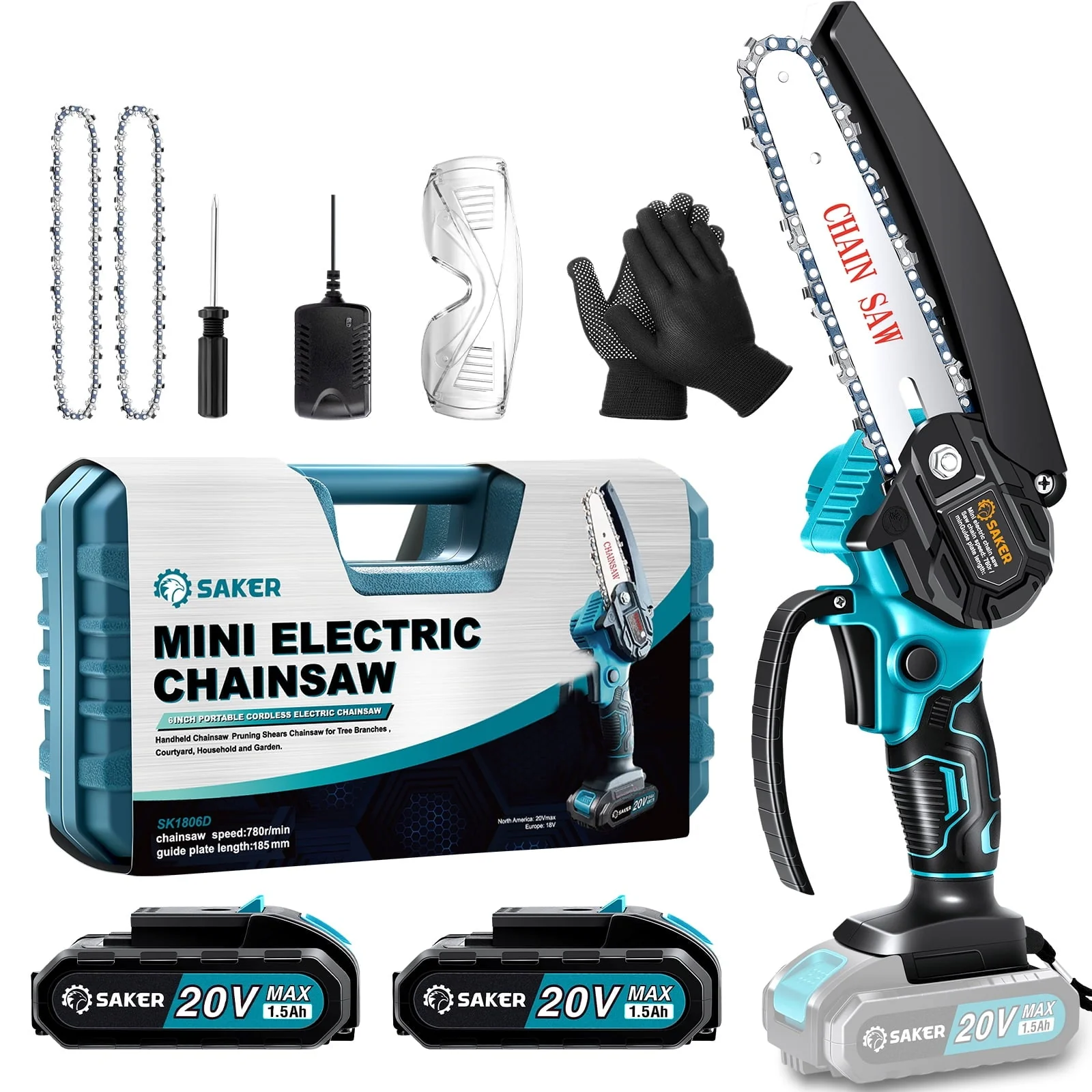 Saker 6 Inch Mini Chainsaw, Handheld Pruning Chainsaw, Electric Cordless Chainsaw for Tree Branches, Courtyard, Household & Garden, With 2PCS 20V 1500mAh Batteries & 3 PCS Chains