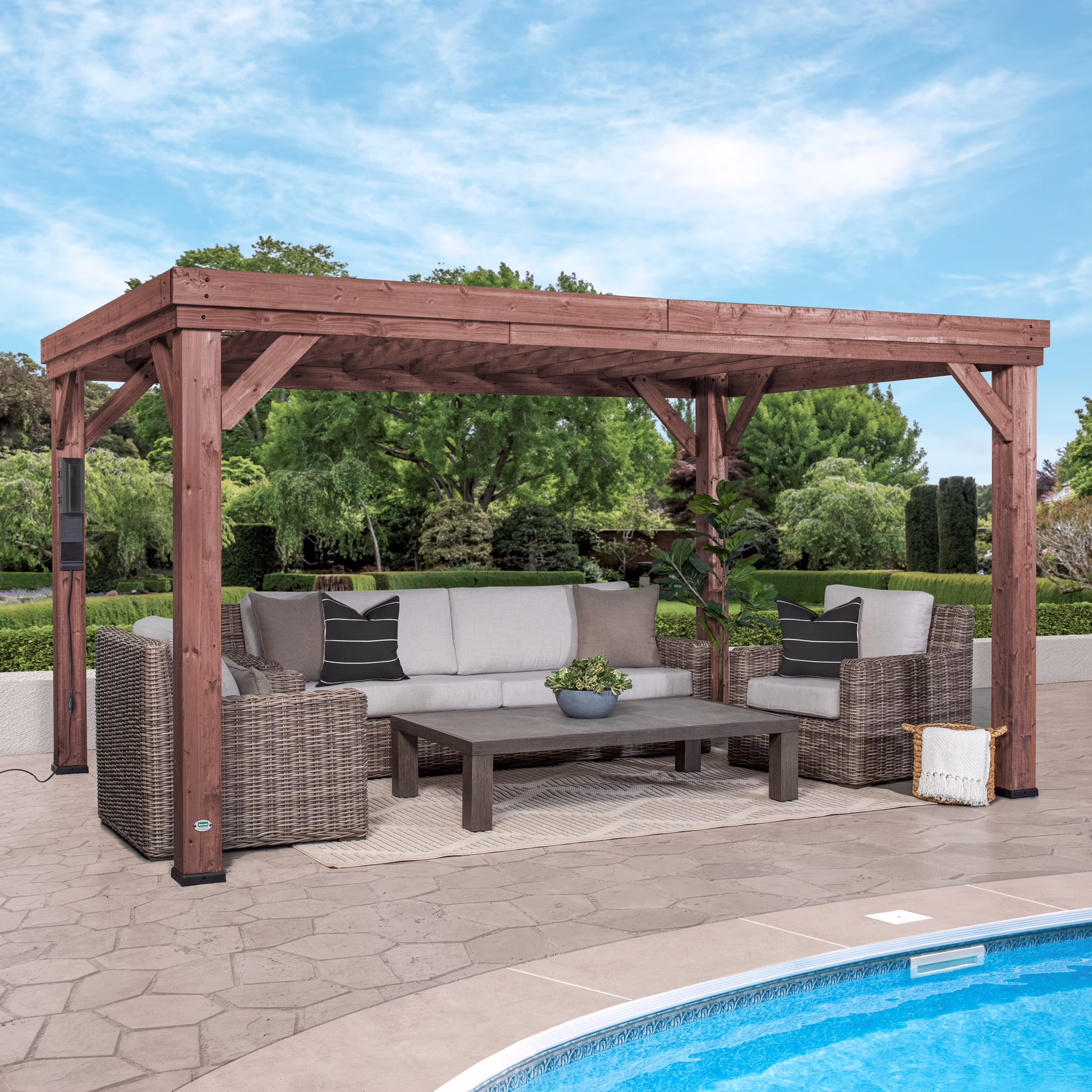 Backyard Discovery Brockton 14'x10' Modern Cedar Wood Outdoor Patio Pergola Kit, PowerPort