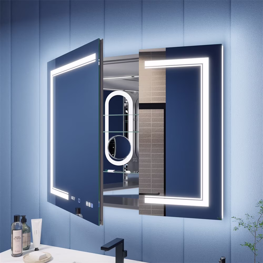 Illusion-B 40" x 32" LED Lighted Inset Mirrored Medicine Cabinet with Magnifiers Front and Back Light