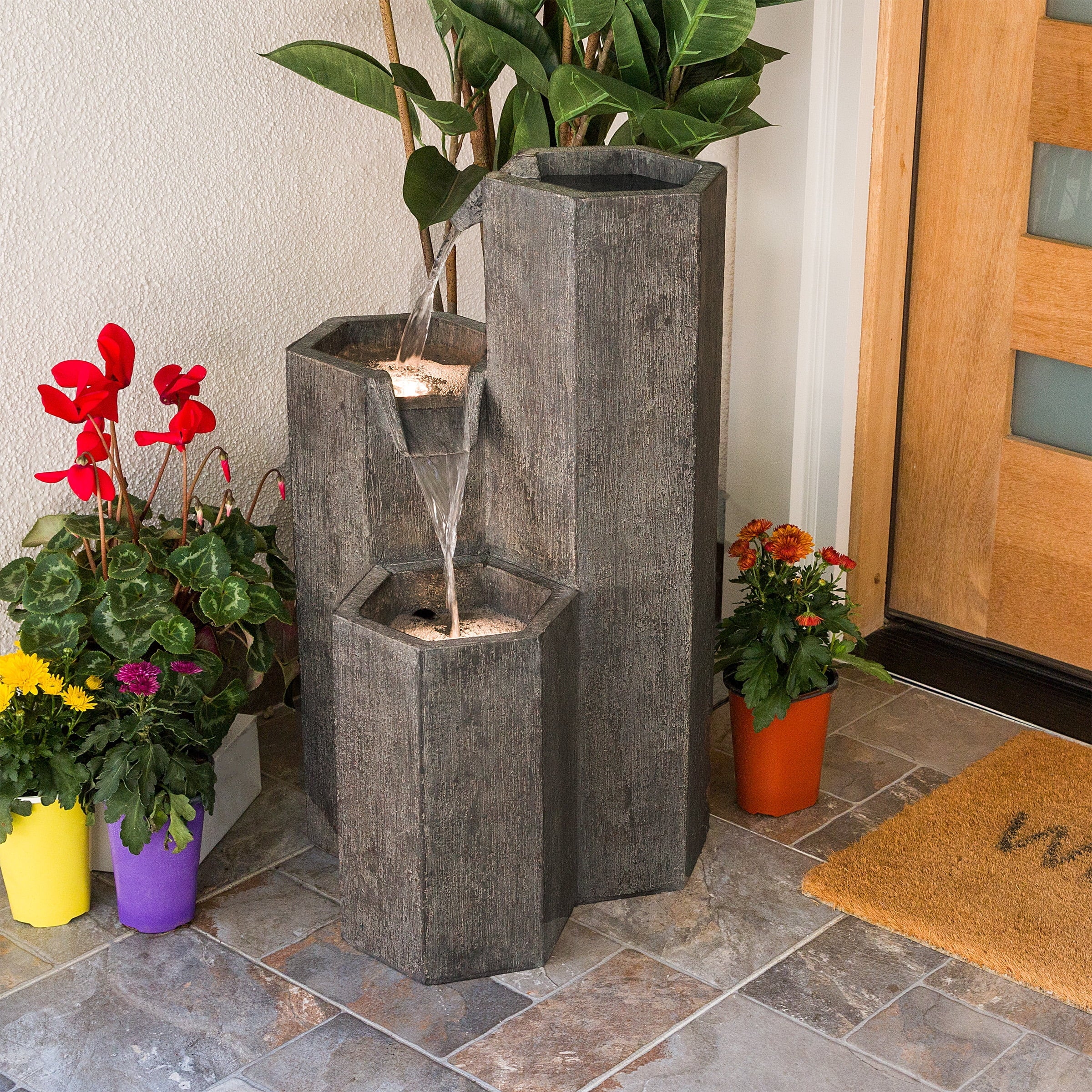 Alpine Corporation Modern Three Tiering Round Columns Fountain with LED Light, 41 Inch Tall