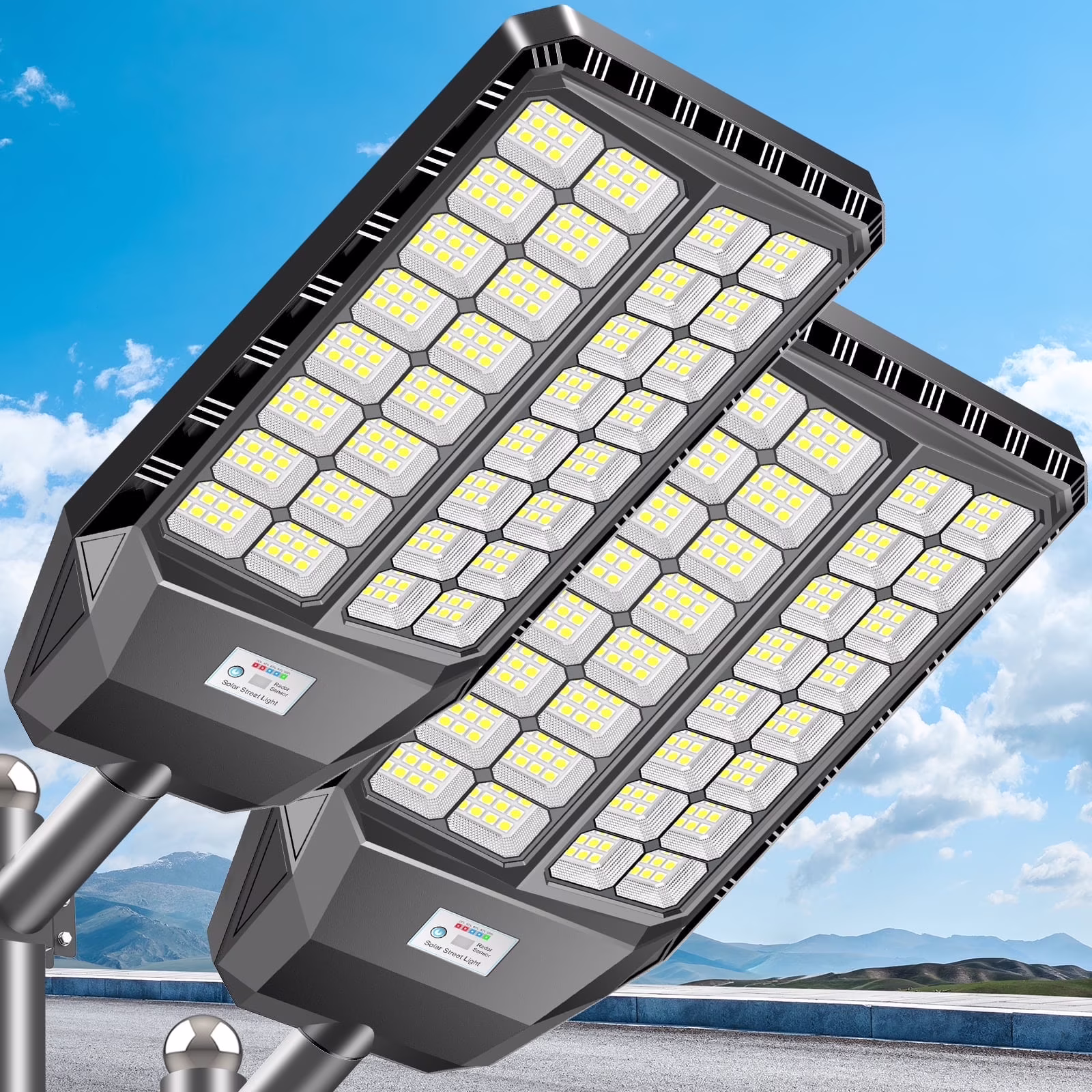 Solar Street Lights Outdoor, Large Solid and Bright, 7000W Aluminium Frame Solar Parking Lot Lights 450000 Lumens, IP66 Waterproof Dusk to Dawn with Motion Sensor and Remote Control, 2 Pack