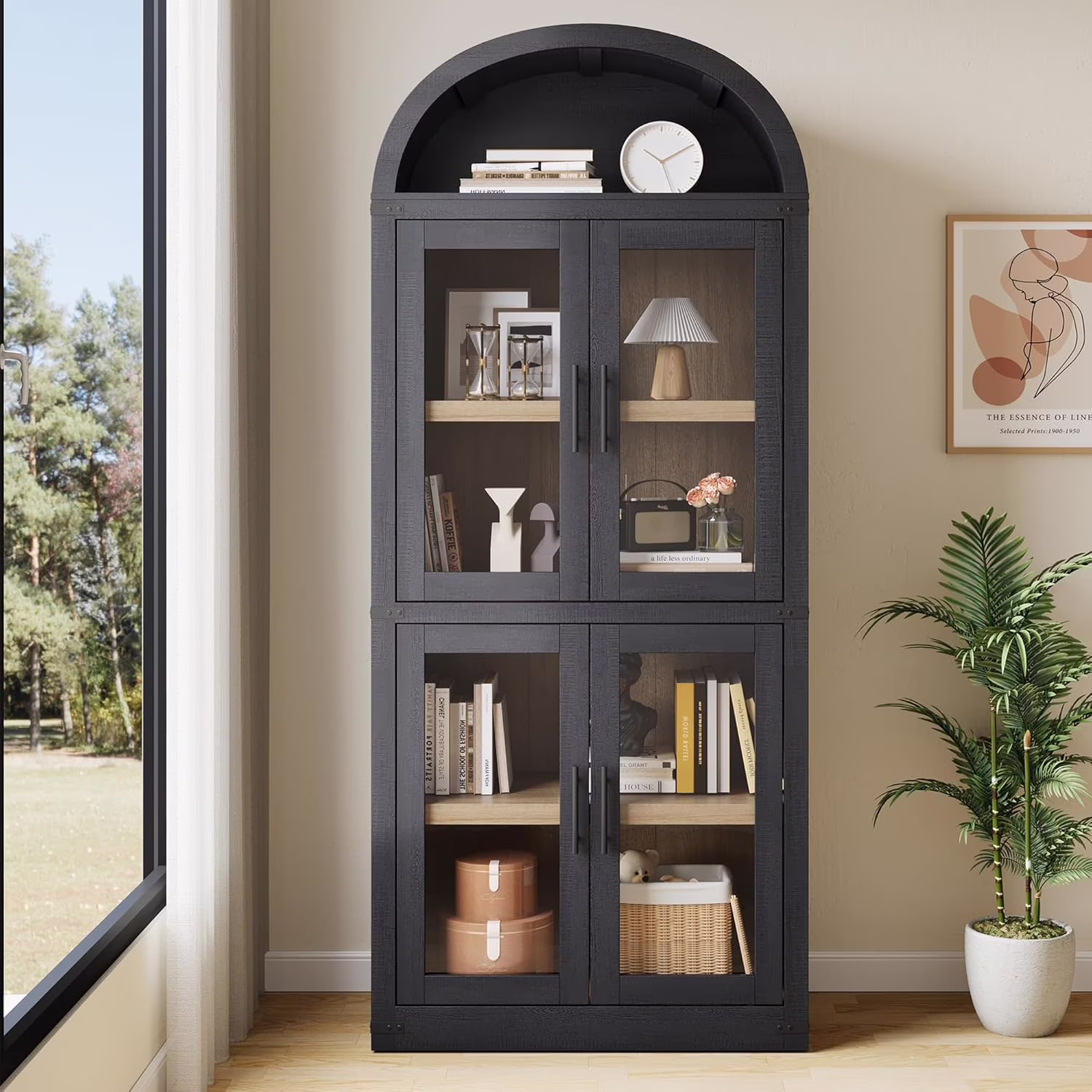 Arched Bookshelf with Glass Doors 71 Point Four Inches Tall Rustic Premium Wood Display Cabinet Glass Door Black