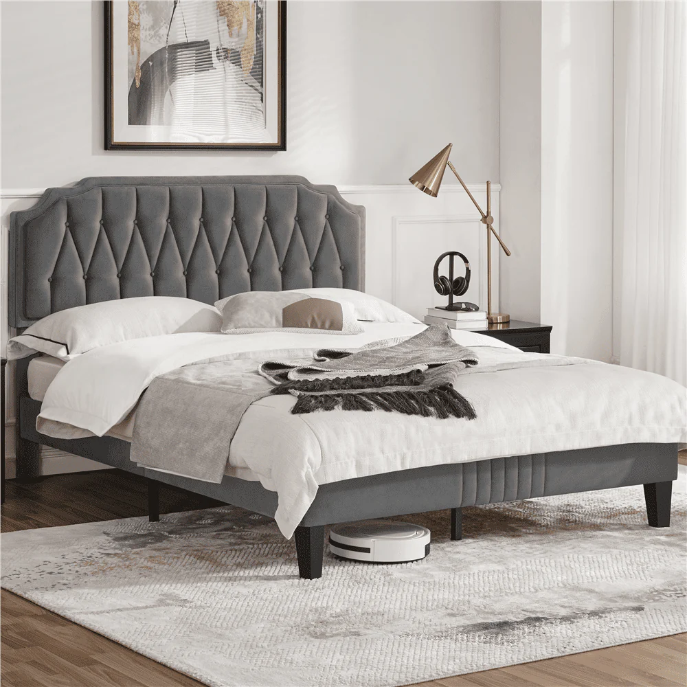Yaheetech Queen Size Upholstered Bed Frame with Wooden Slat Support, Dark Gray