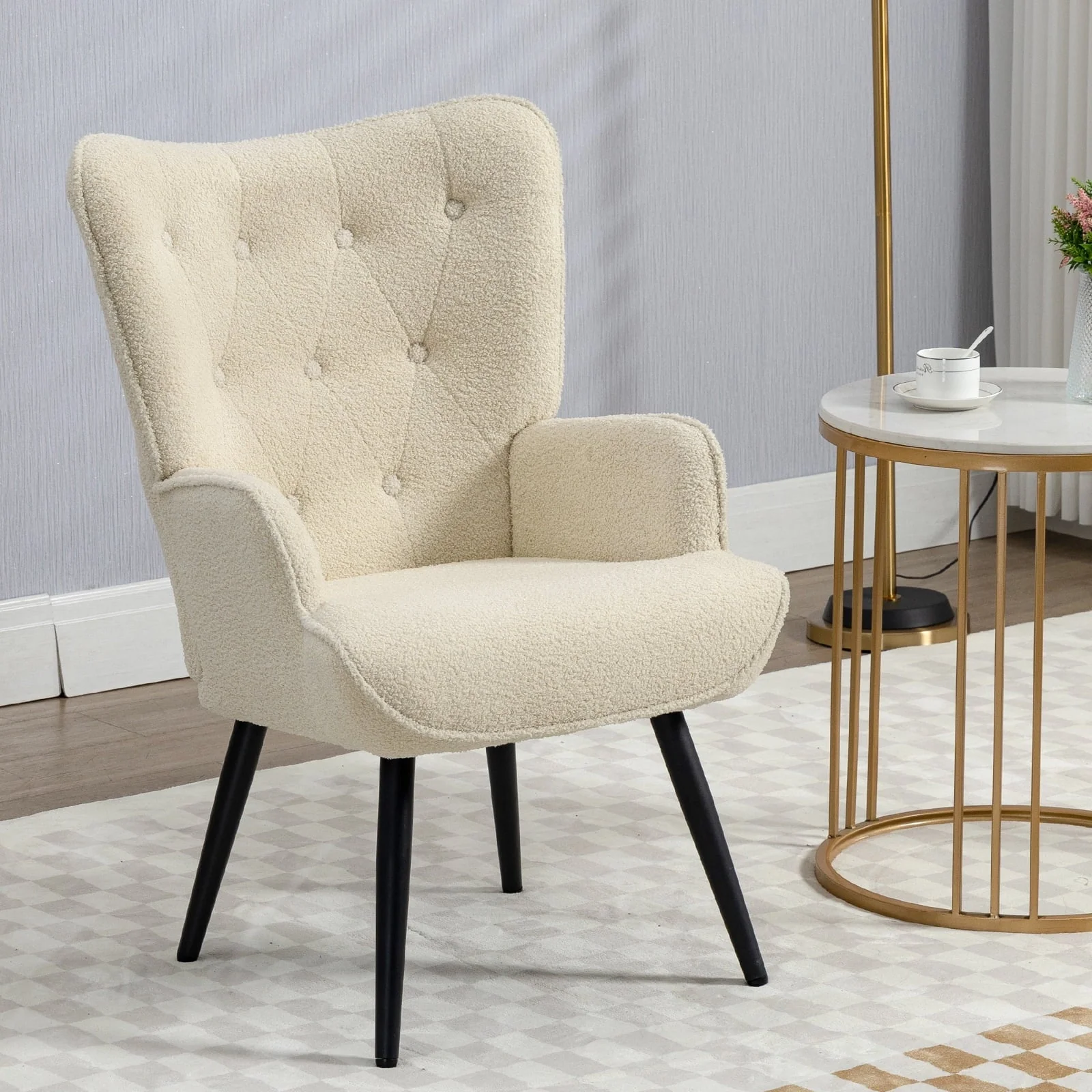 Furniliving Tufted Button Wingback Chair Upholstered Sherpa Accent Chair with Wide Arm Modern Leisure Club Chair, Lvory white