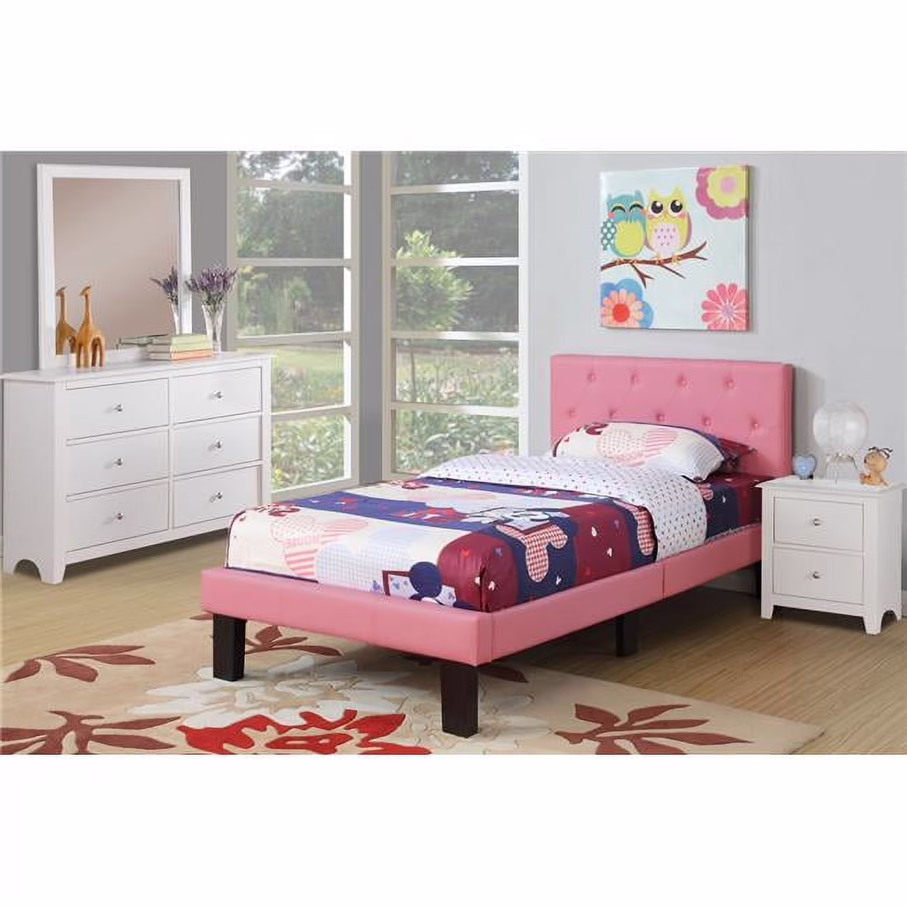 Poundex Upholstered Platform Bed, Twin, Pink