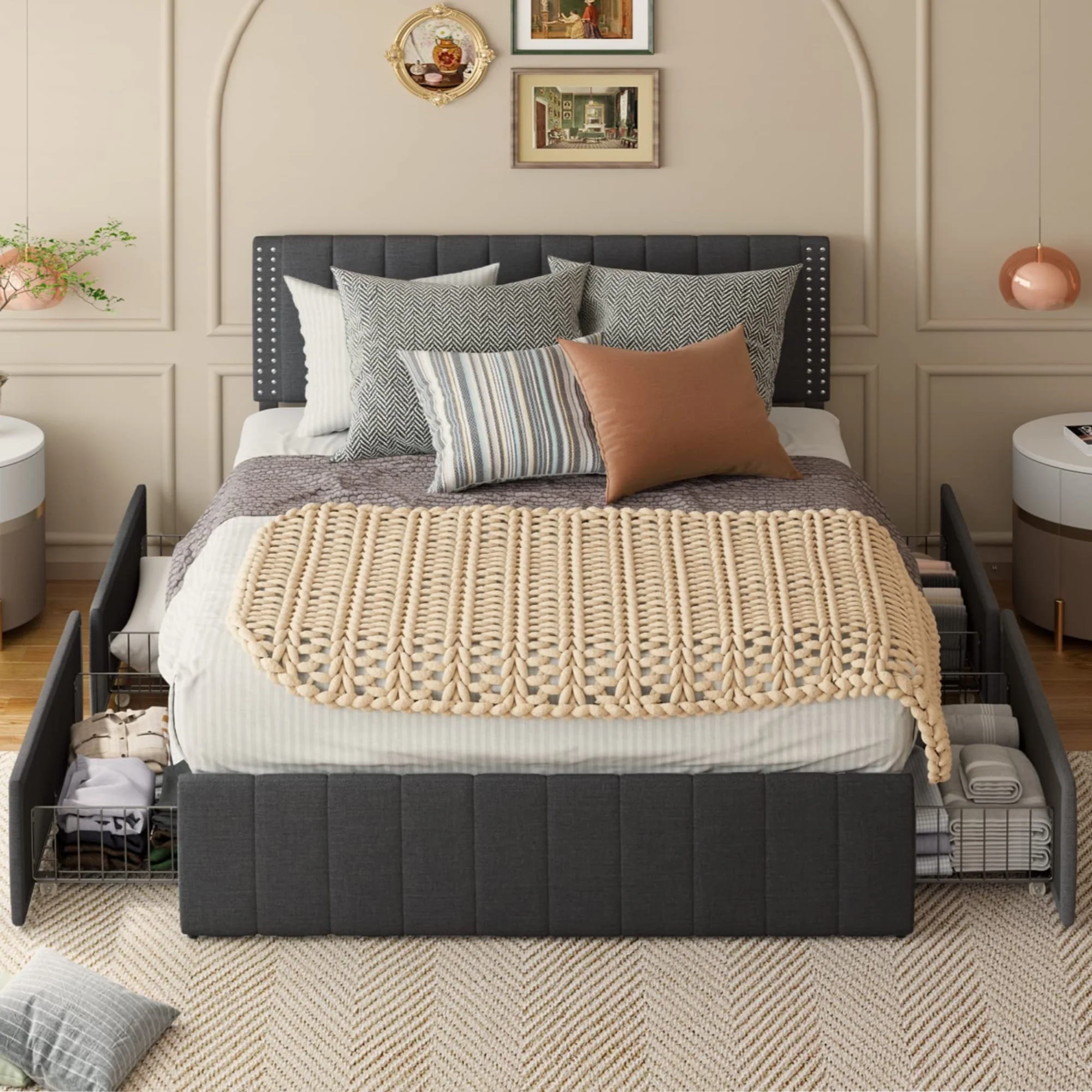 Lofka Queen Bed Frame with Drawers and Adjustable Headboard 880lbs No Box Spring Dark Gray