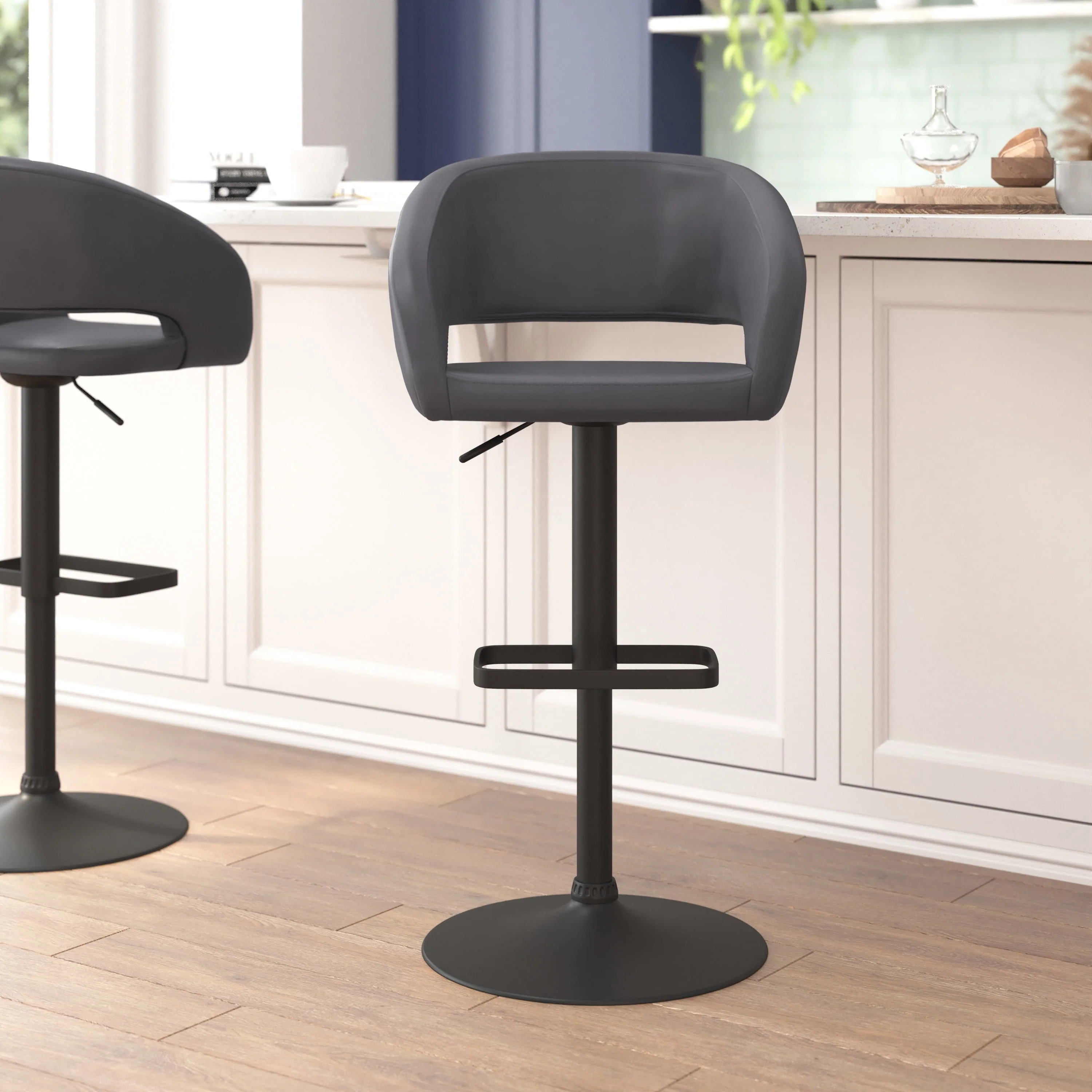 Flash Furniture Erik 23" - 31.5"H Square Adjustable Swivel Mid Back Barstool, Gray/Black