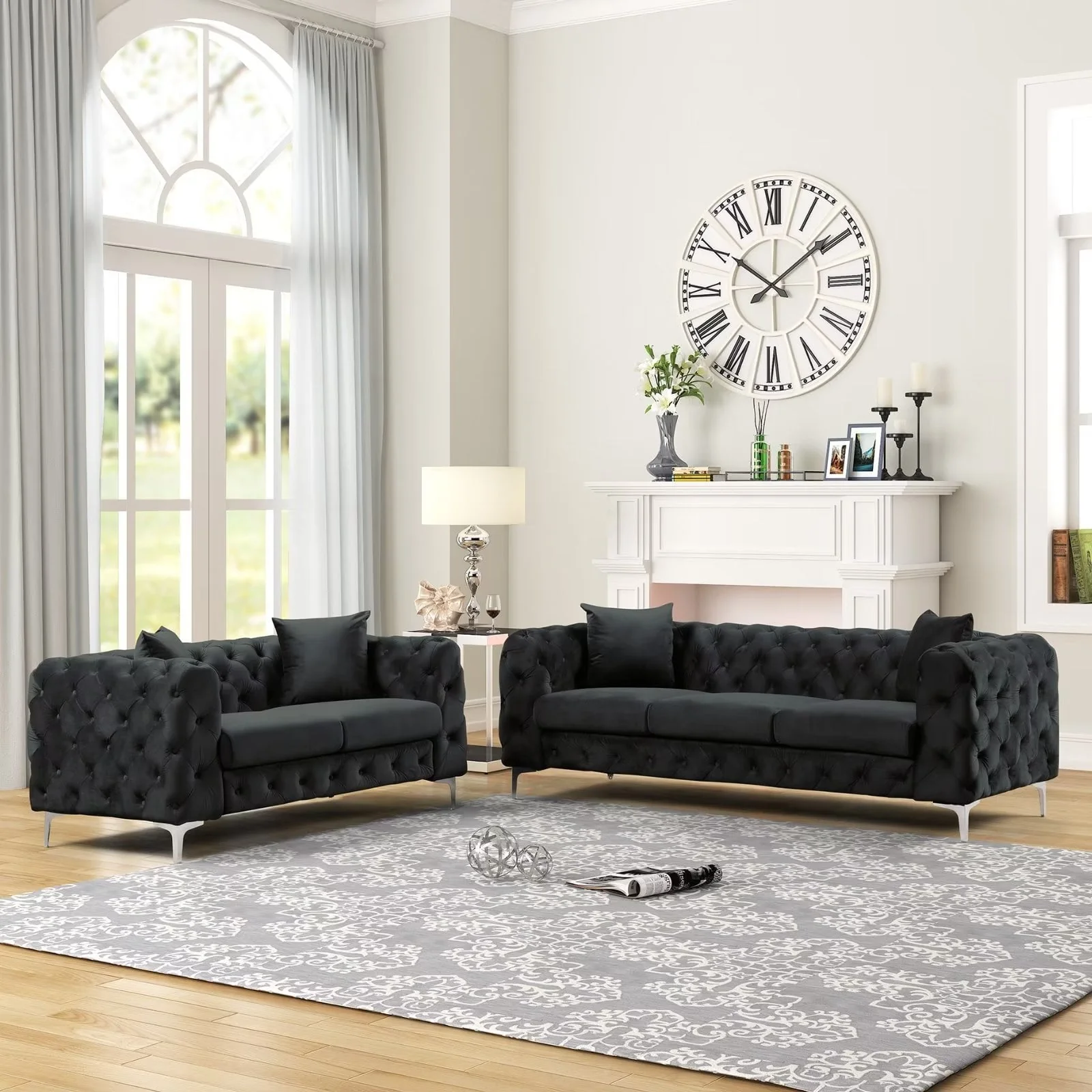 Morden Fort Modern Contemporary 2 Piece of Loveseat and Sofa Set with Deep Button Tufting Dutch Velvet, Solid Wood Frame and Iron Legs-Black