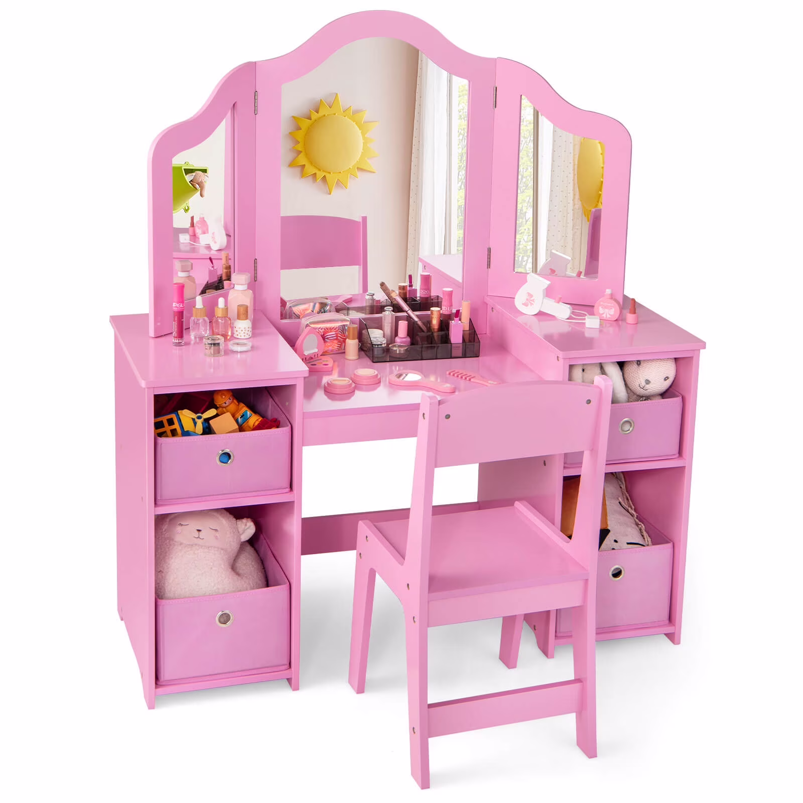 Infans Kids Vanity Table & Chair Set 2-in-1 Princess Pretend Play Makeup Vanity Set