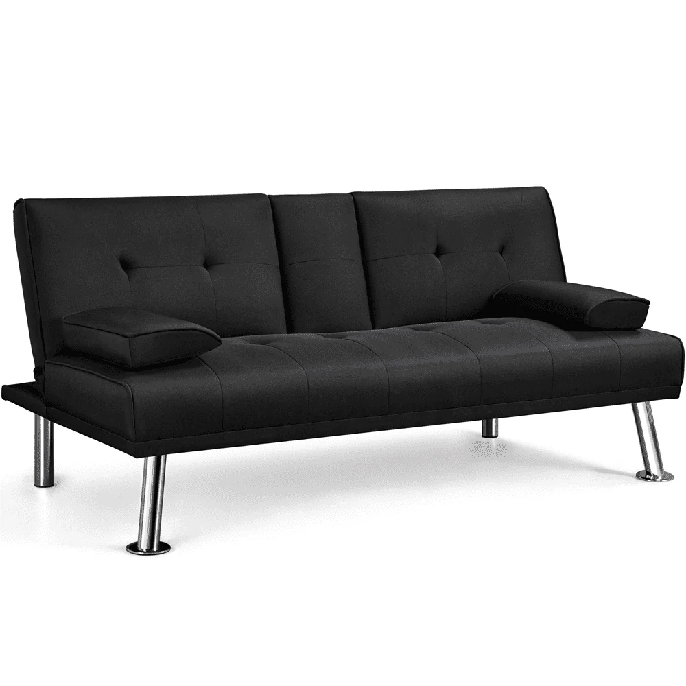Easyfashion Modern Fabric Reclining Futon with Cupholders and Pillows, Black