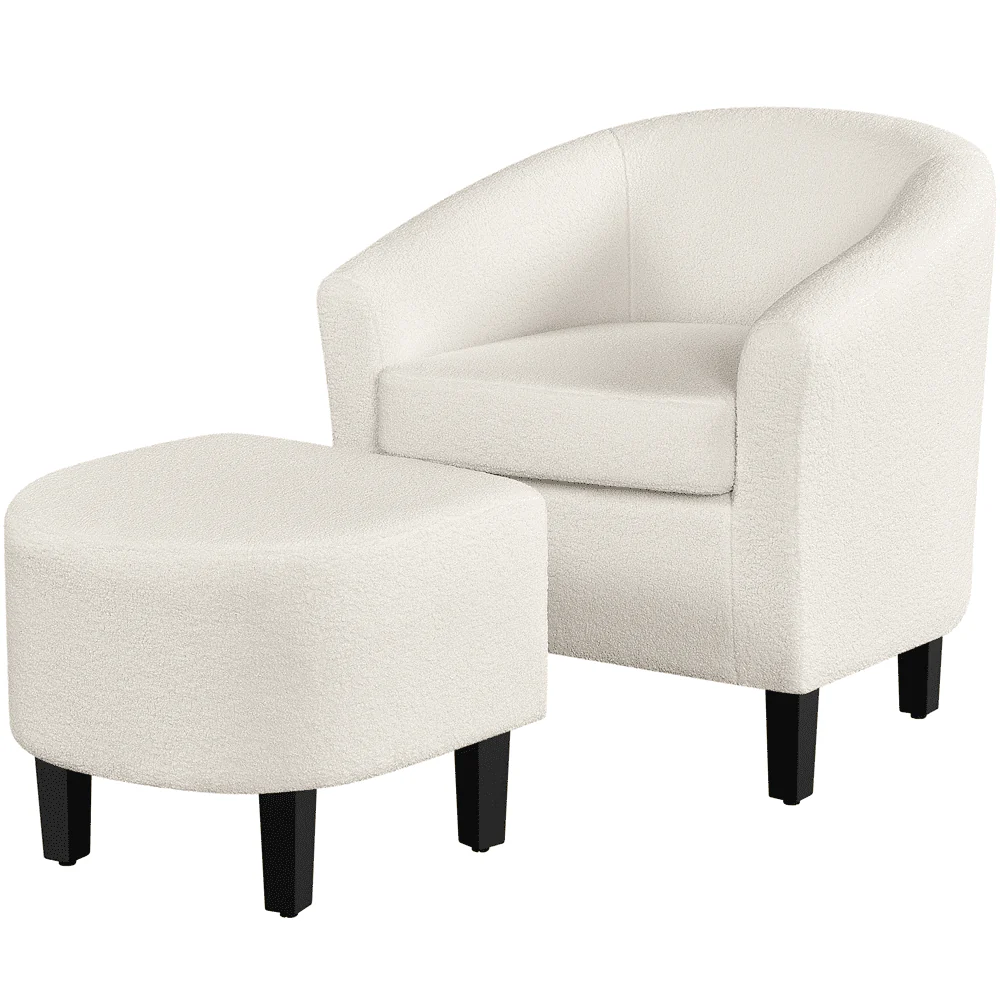 Topeakmart Contemporary Polyester Boucle Club Chair and Ottoman Set, Ivory