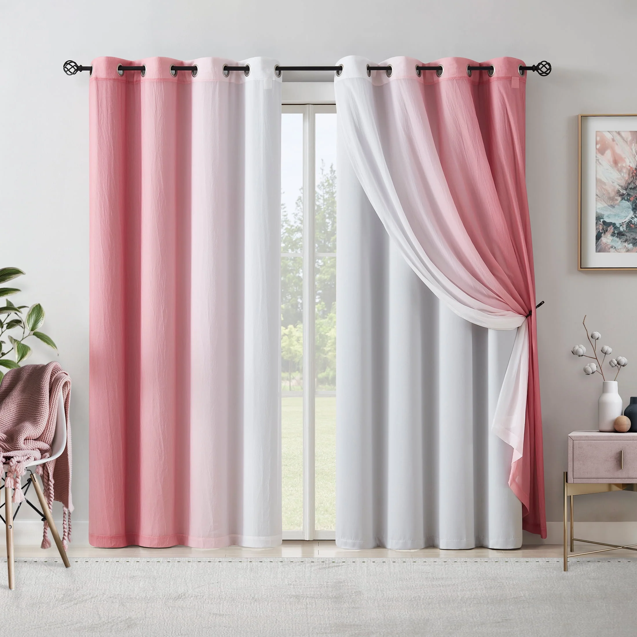 Junvictex Sheer Curtains 90% Blackout Energy Efficient Pink Ombre for Bedroom,52"Wx84"L,4 Panels