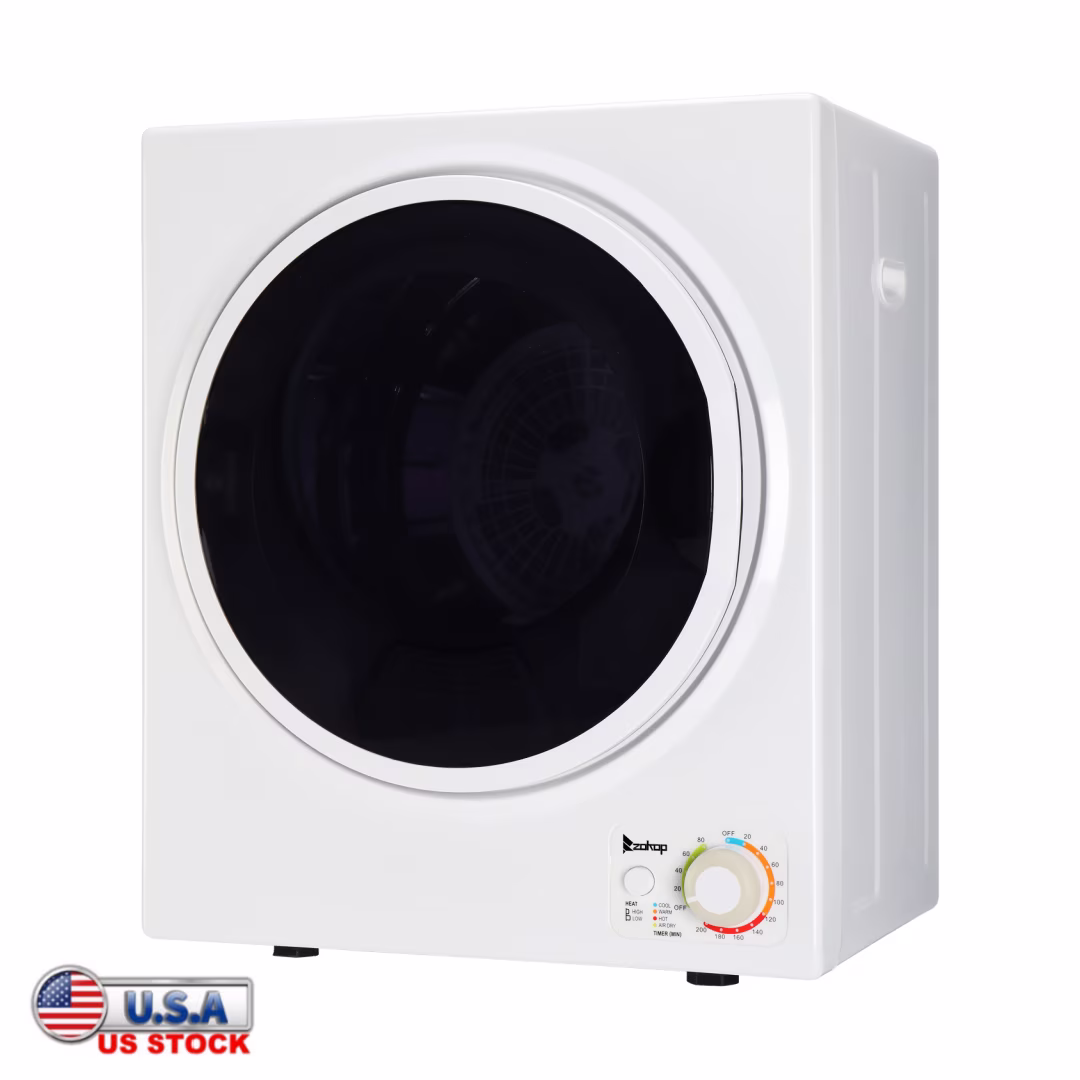 Tcbosik ZOKOP 1.6 cuft Compact Portable Household Clothes Dryer, 120V Stainless Steel Drum Dryer for Apartments, Home, Dorm, MECHANICAL Control and ETL Certification, Black & White