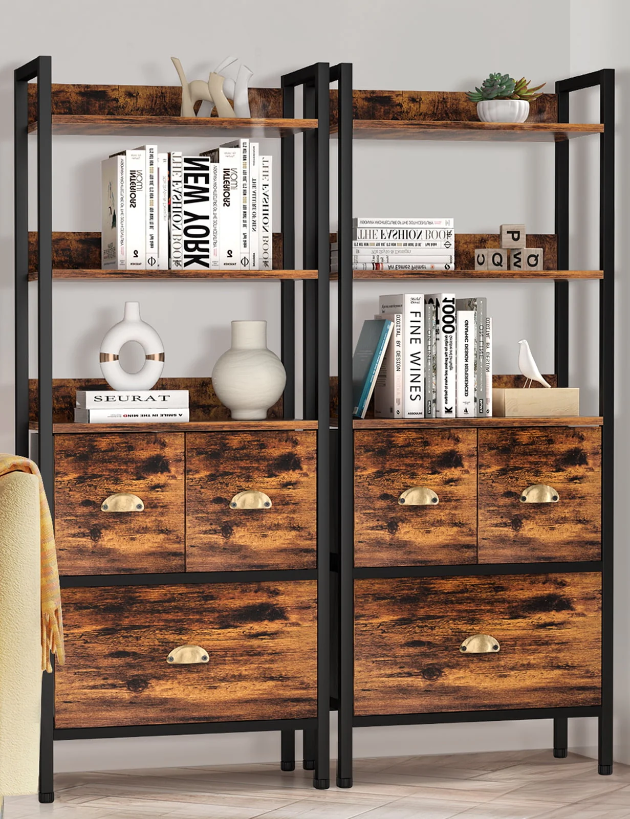 Behost 5 Tier 60in Tall Bookcase Open Bookshelf with Drawers Set of 1, Rustic Brown