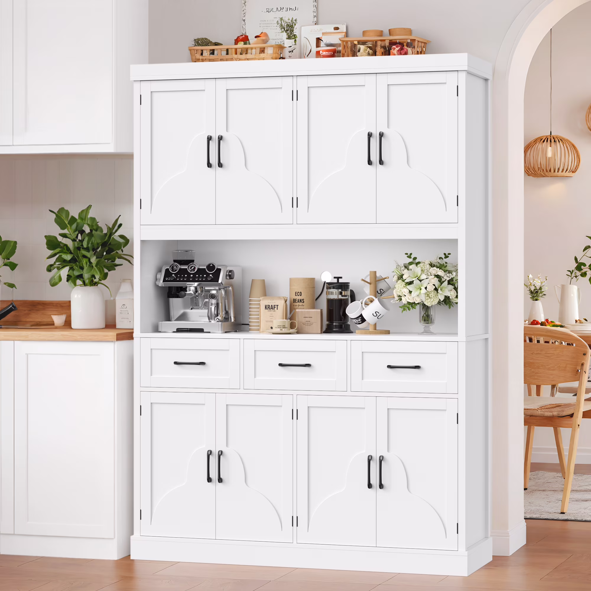 Homfa 76" Tall Kitchen Pantry Cabinet, Modern Storage Cabinet with Microwave Stand, Freestanding Cupboard with 3 drawers, Hutch Cabinet for Living Dining Room, White