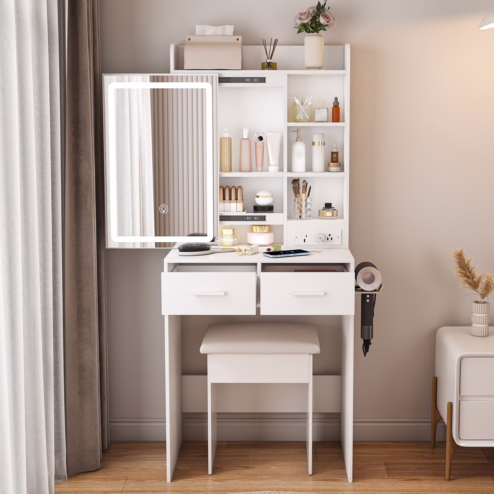 Aukfa Makeup Vanity Set with Power Outlet, Mirror & Adjustable LED Lights for Small Bedroom,White