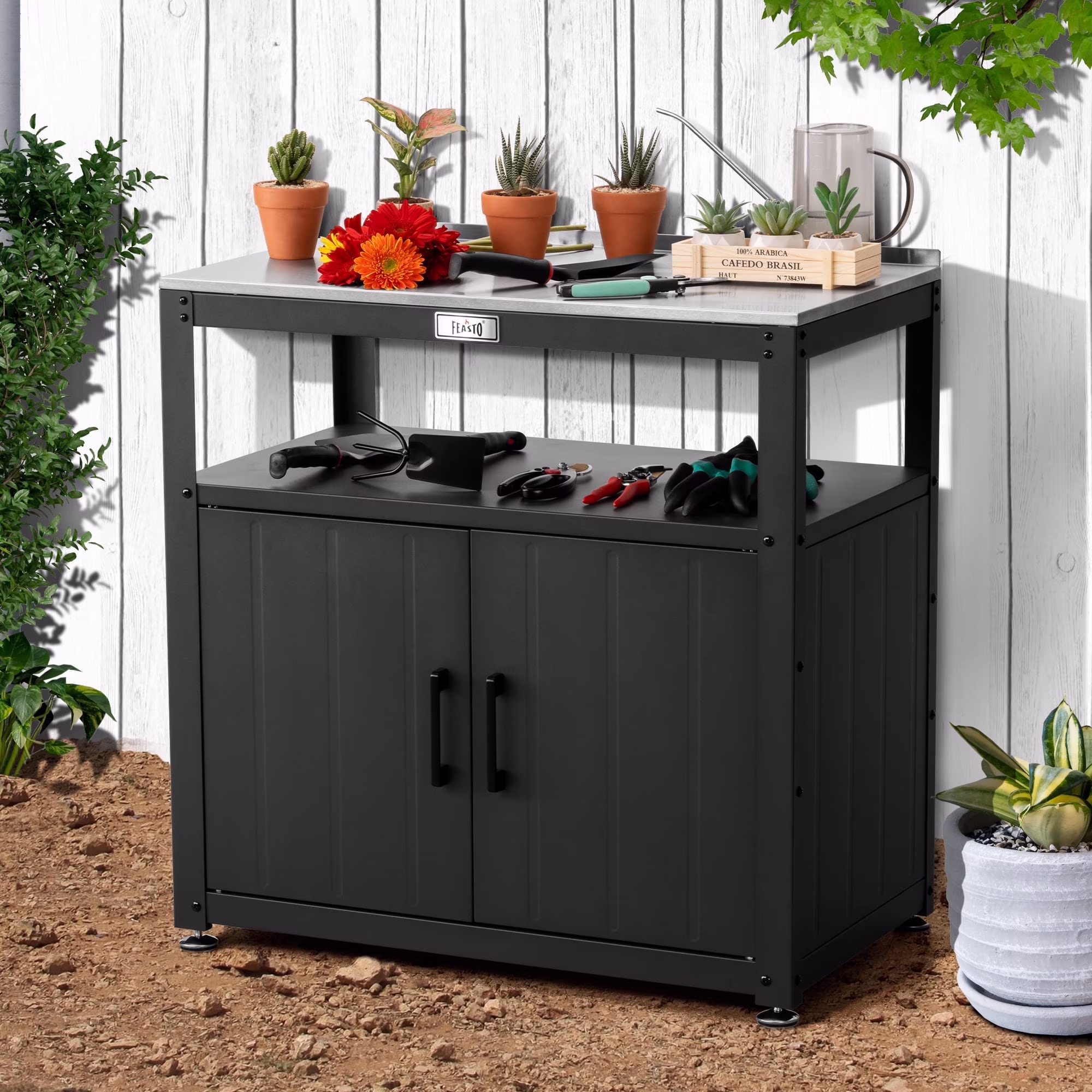 Feasto Garden Potting Bench with Storage Cabinet,Outdoor Gardening Table & Work Bench for Horticulture,Outdoor Workstation with Stainless Steel Tabletop,Black