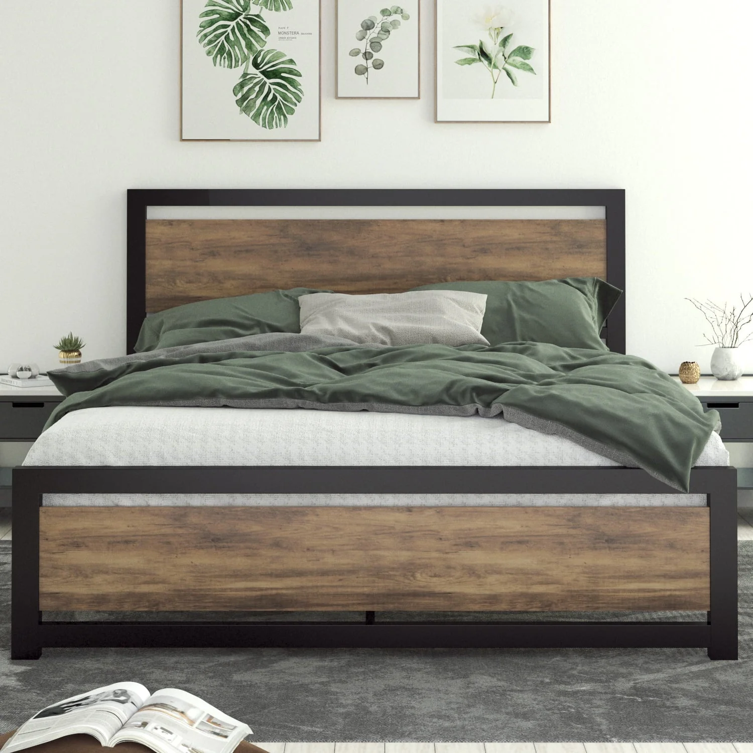 Allewie Queen Size Metal Platform Bed Frame with Square Frame Wooden Headboard&Footboard, Brown