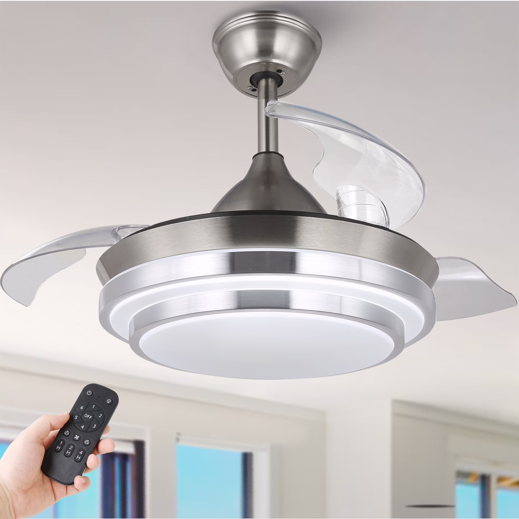 36'' LED Retractable Blades Ceiling Fan with Remote Control and Light Kit, 6-Speed Ceiling Fan with Reversile Blades