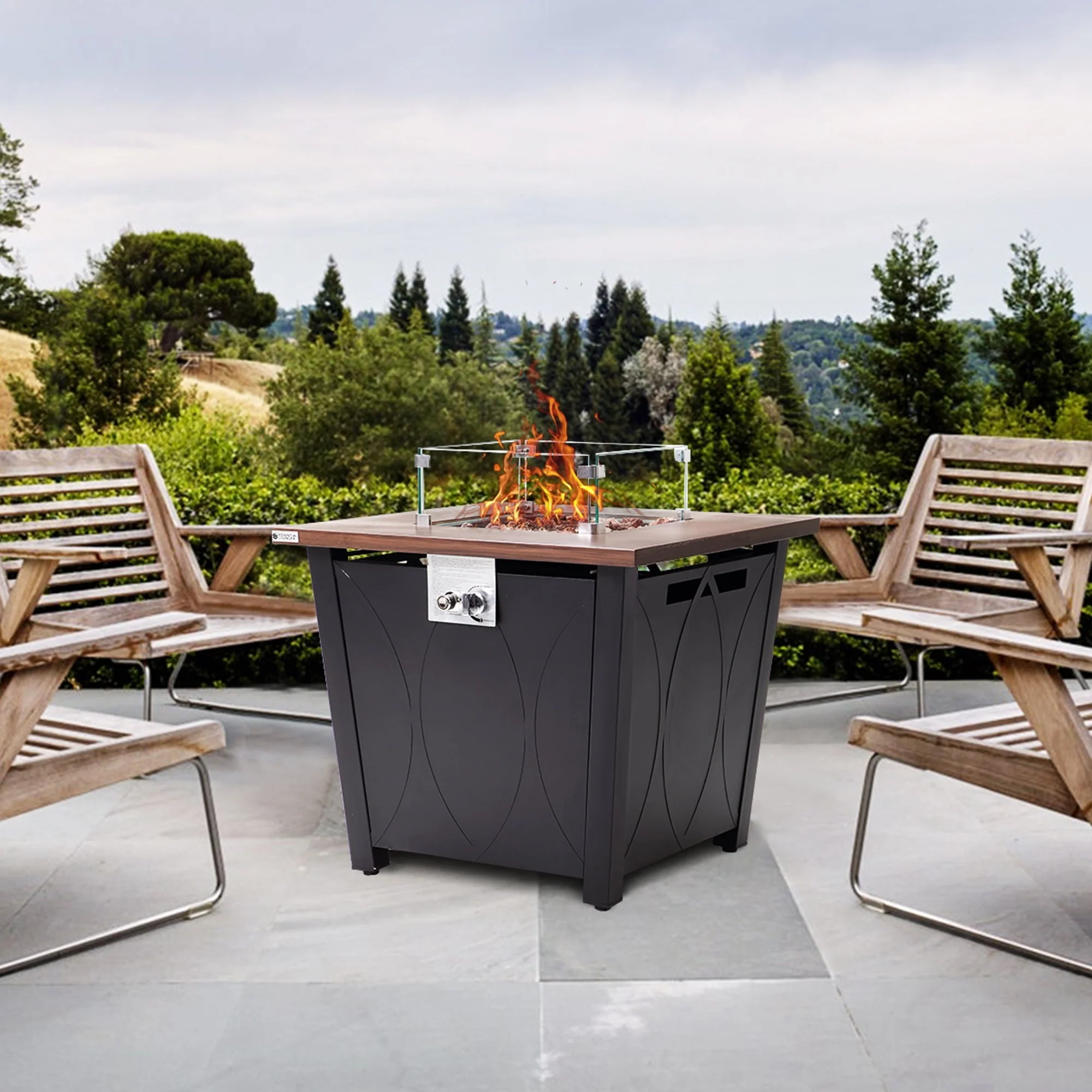 ESSENTIAL LOUNGER 28 inch Propane Fire Pit Table, 50000 BTU Outdoor Gas Fire Pit Table with Lid and Waterproof Cover, CSA Certification, Black (with Wind Guard)