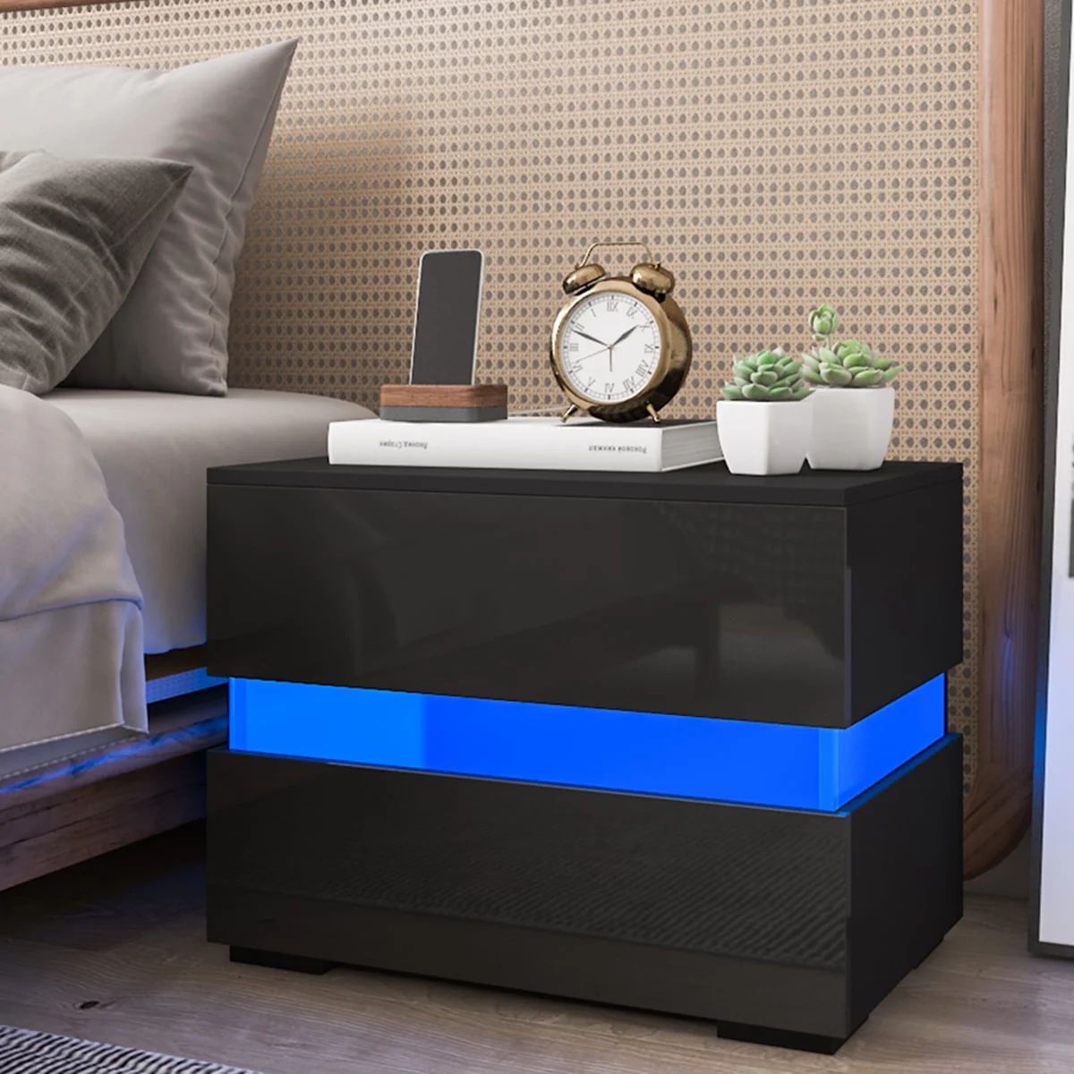 Hommpa High Gloss LED Nightstand Modern 2 Drawers Bedside Table Middle LED Light Black Night Stand with Remote for Bedroom