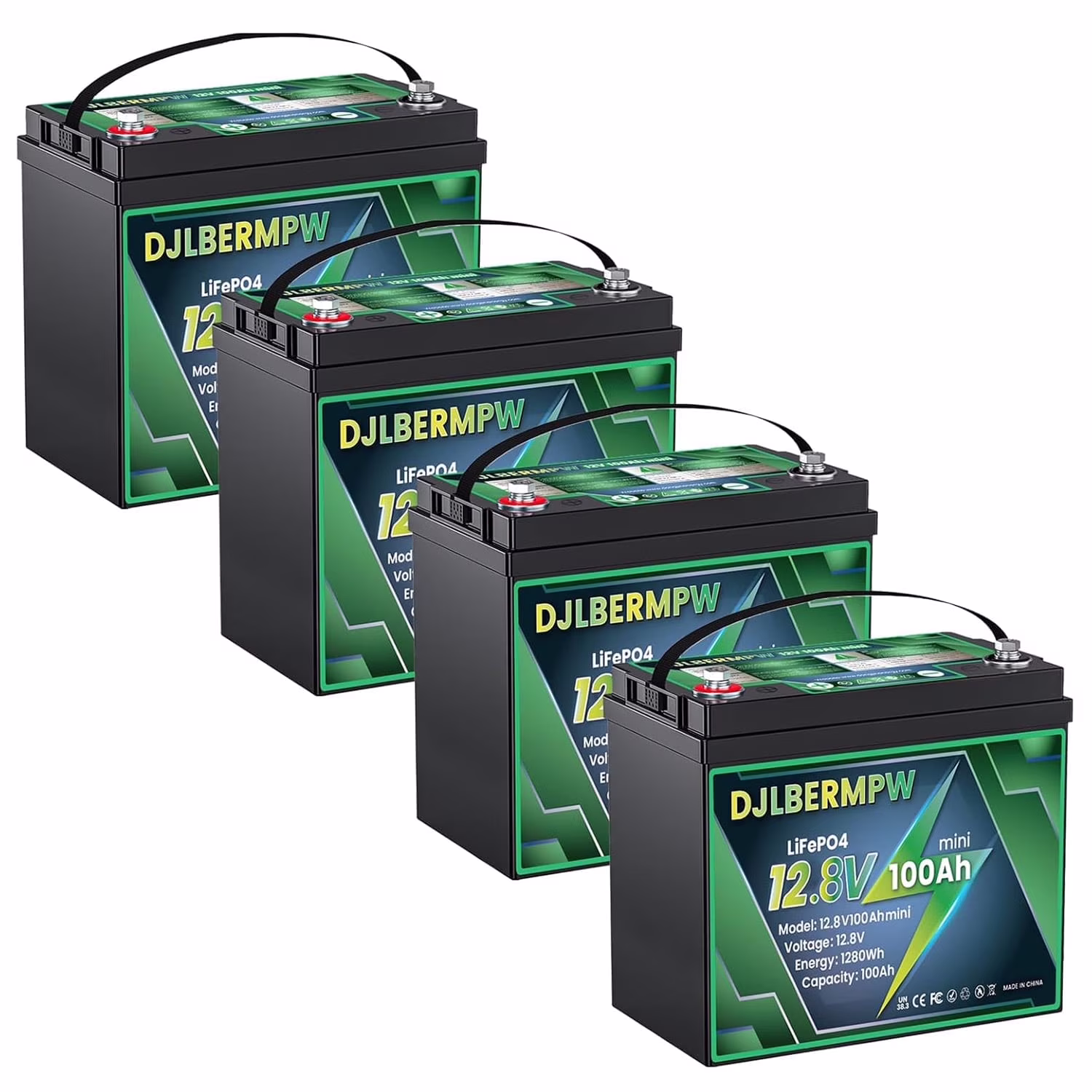 4 Pack 12V 100Ah Mini LiFePO4 Lithium Deep Cycle Marine Battery Rechargeable BMS for RV, Solar, Golf Cart