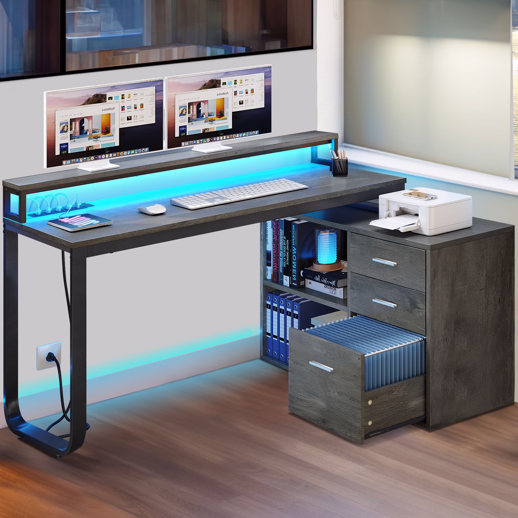 DWVO 55" L Shaped Desk with Power Outlets and Monitor Stand , Computer Desk with LED Light &File Cabinet, Corner Desk with 3 Drawers, White Modern Home Office Desk, Gray
