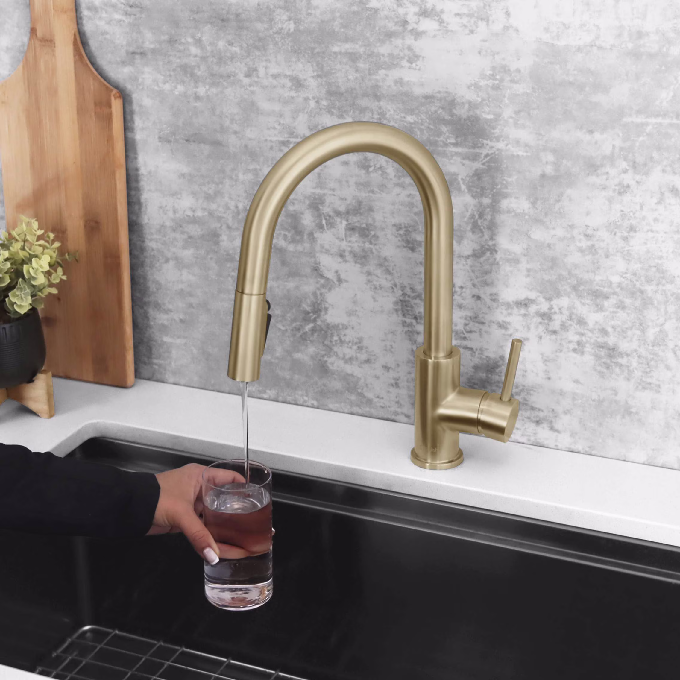Modena Single Handle Brushed Gold Pull Down Kitchen Faucet with Reversible Osmosis