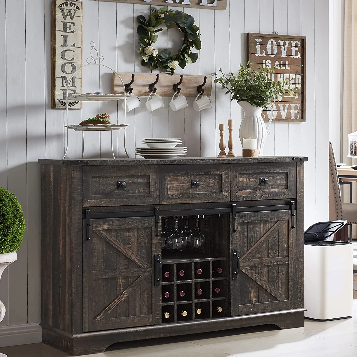OKD Wood Farmhouse Coffee Bar Cabinet, 54" Kitchen Buffet Sideboard Furniture with Barn Door and Drawer Storage, Dark Rustic Oak