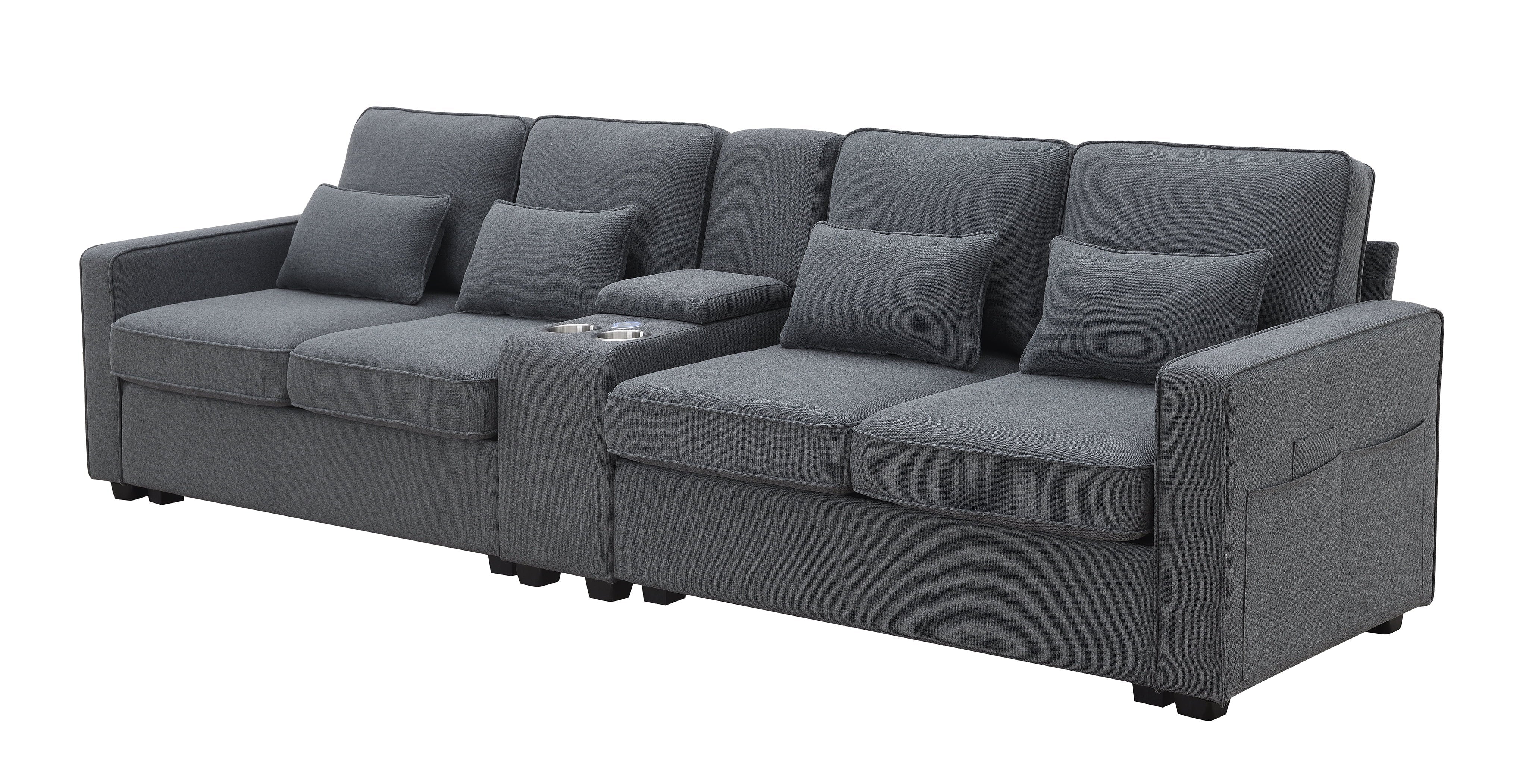 Euroco 4-Seat Sofa for Living Room, Upholstered Sofa with 2 Cupholders and 2 USB Ports, 114" Sofa Set with Square Armrest, Dark Gray